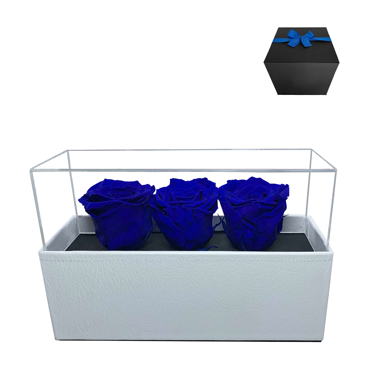 LUXURY 3 PRESERVED ROSES ARRANGEMENT - ACRYLIC TOP AND PU LEATHER BOX - BMade