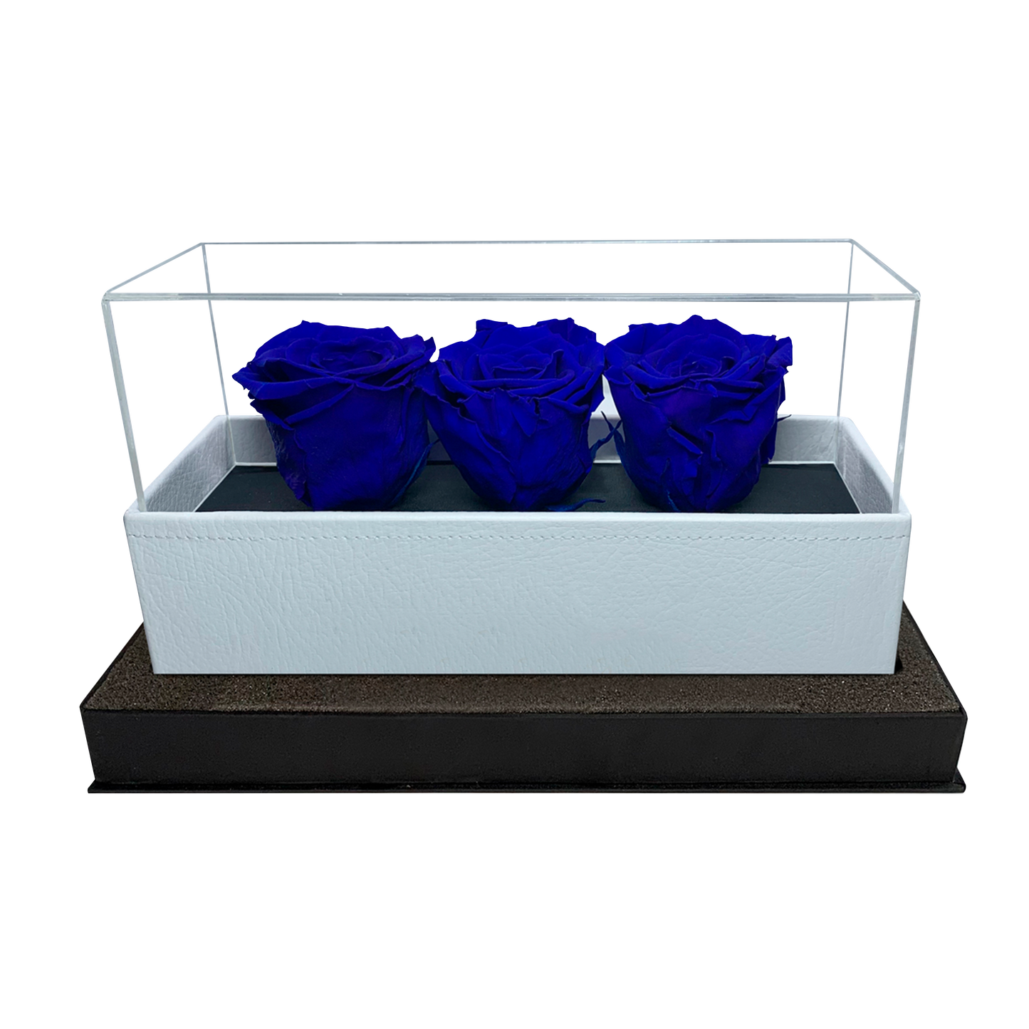 LUXURY 3 PRESERVED ROSES ARRANGEMENT - ACRYLIC TOP AND PU LEATHER BOX - BMade