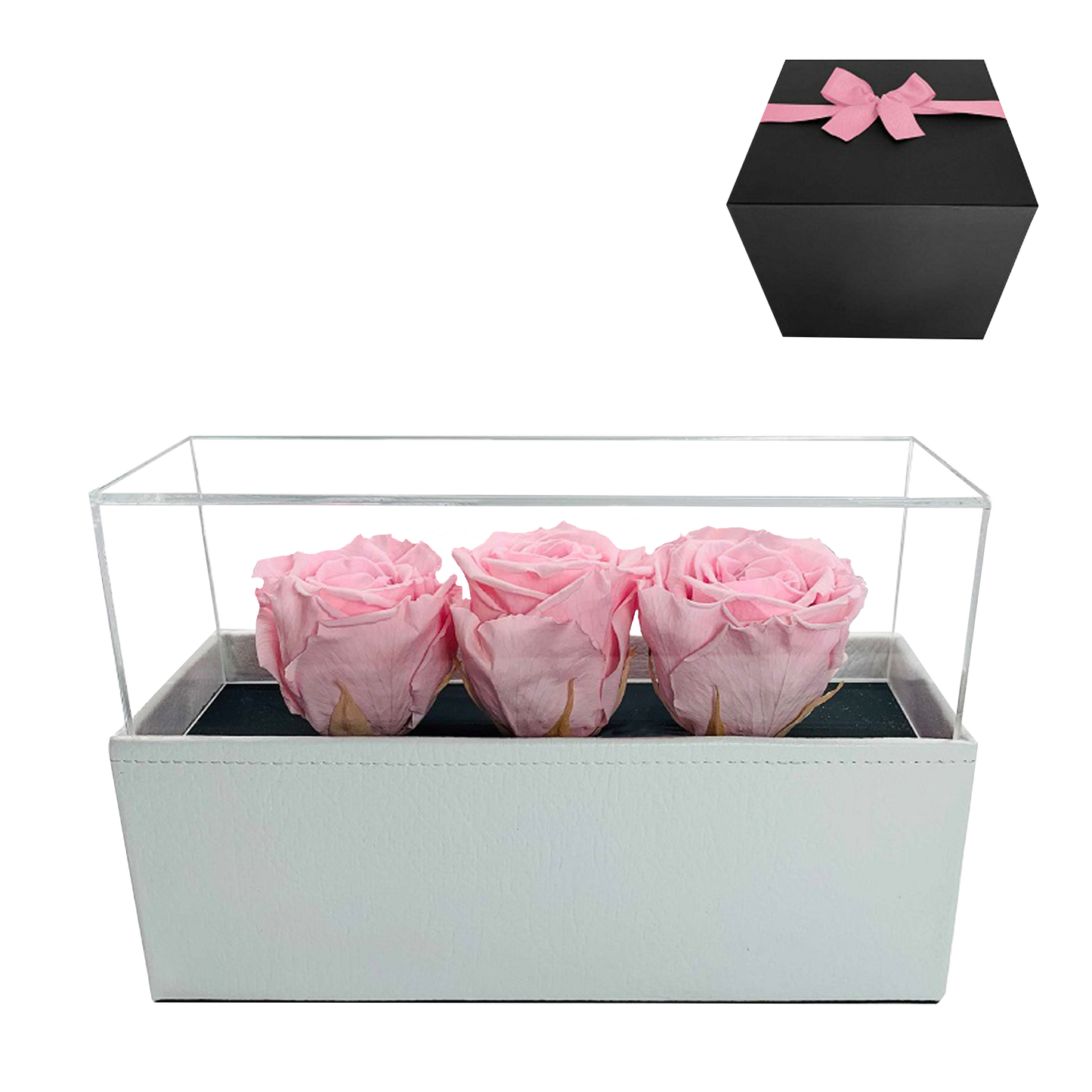 LUXURY 3 PRESERVED ROSES ARRANGEMENT - ACRYLIC TOP AND PU LEATHER BOX - BMade