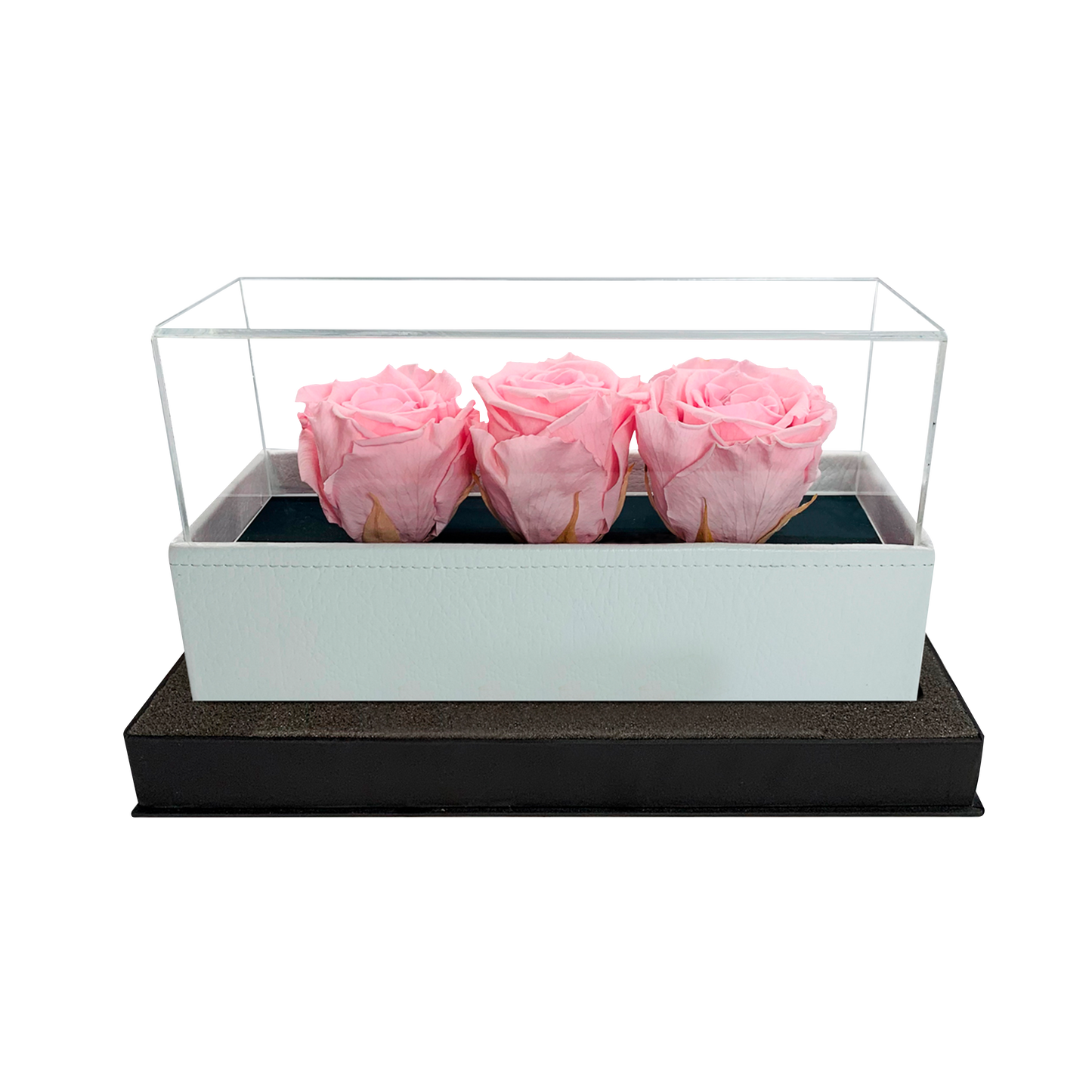 LUXURY 3 PRESERVED ROSES ARRANGEMENT - ACRYLIC TOP AND PU LEATHER BOX - BMade