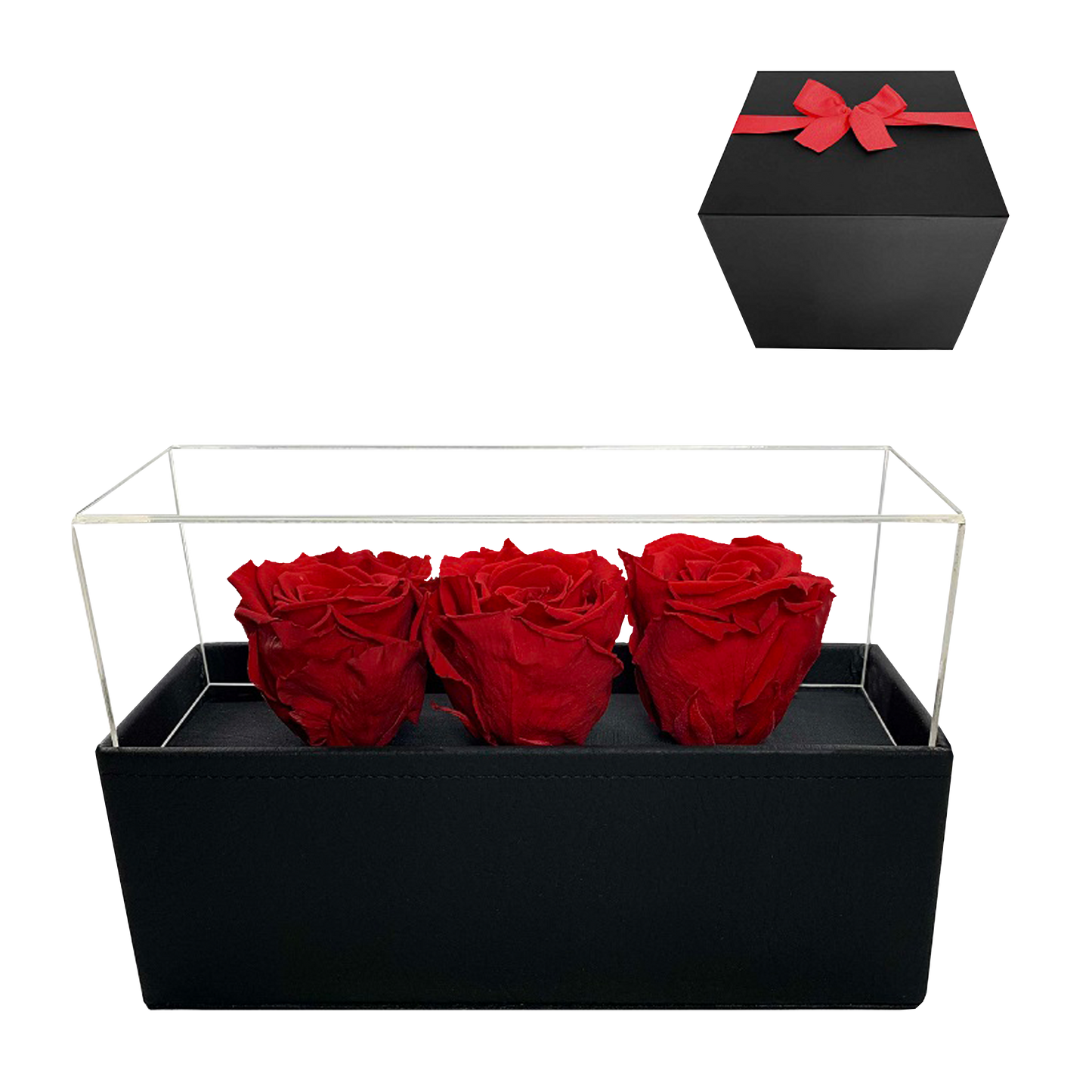 LUXURY 3 PRESERVED ROSES ARRANGEMENT - ACRYLIC TOP AND PU LEATHER BOX - BMade