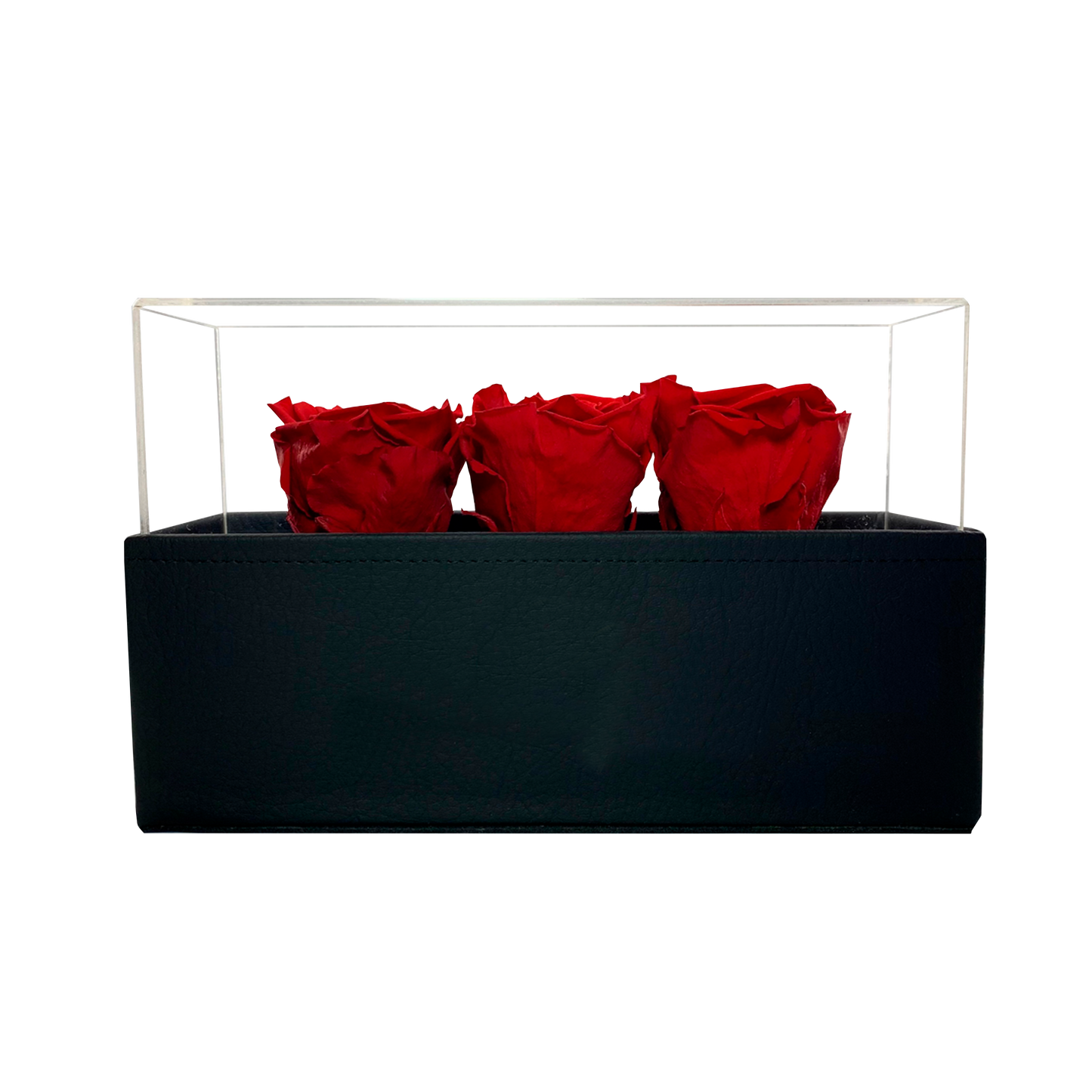 LUXURY 3 PRESERVED ROSES ARRANGEMENT - ACRYLIC TOP AND PU LEATHER BOX - BMade