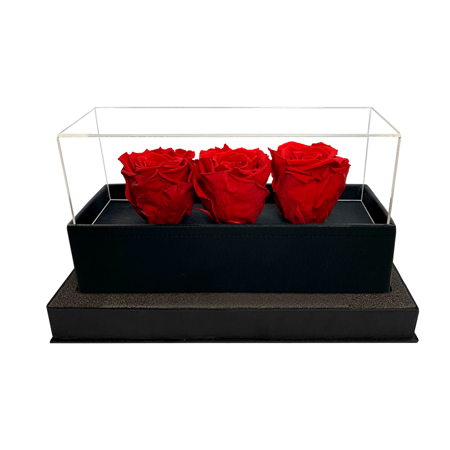 LUXURY 3 PRESERVED ROSES ARRANGEMENT - ACRYLIC TOP AND PU LEATHER BOX - BMade