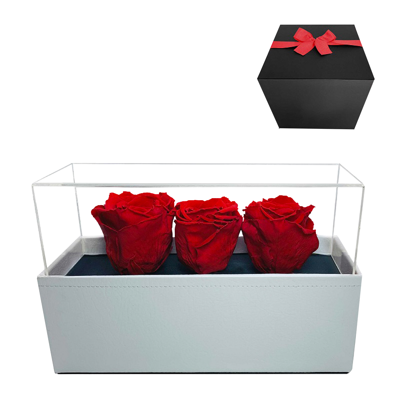 LUXURY 3 PRESERVED ROSES ARRANGEMENT - ACRYLIC TOP AND PU LEATHER BOX - BMade