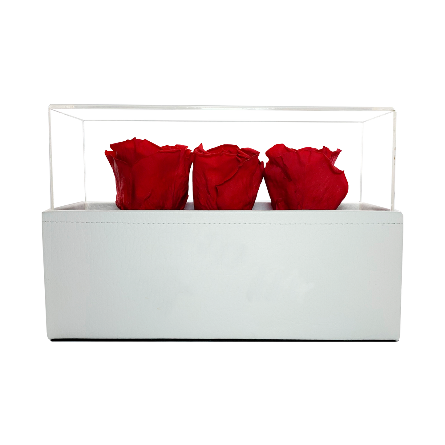 LUXURY 3 PRESERVED ROSES ARRANGEMENT - ACRYLIC TOP AND PU LEATHER BOX - BMade
