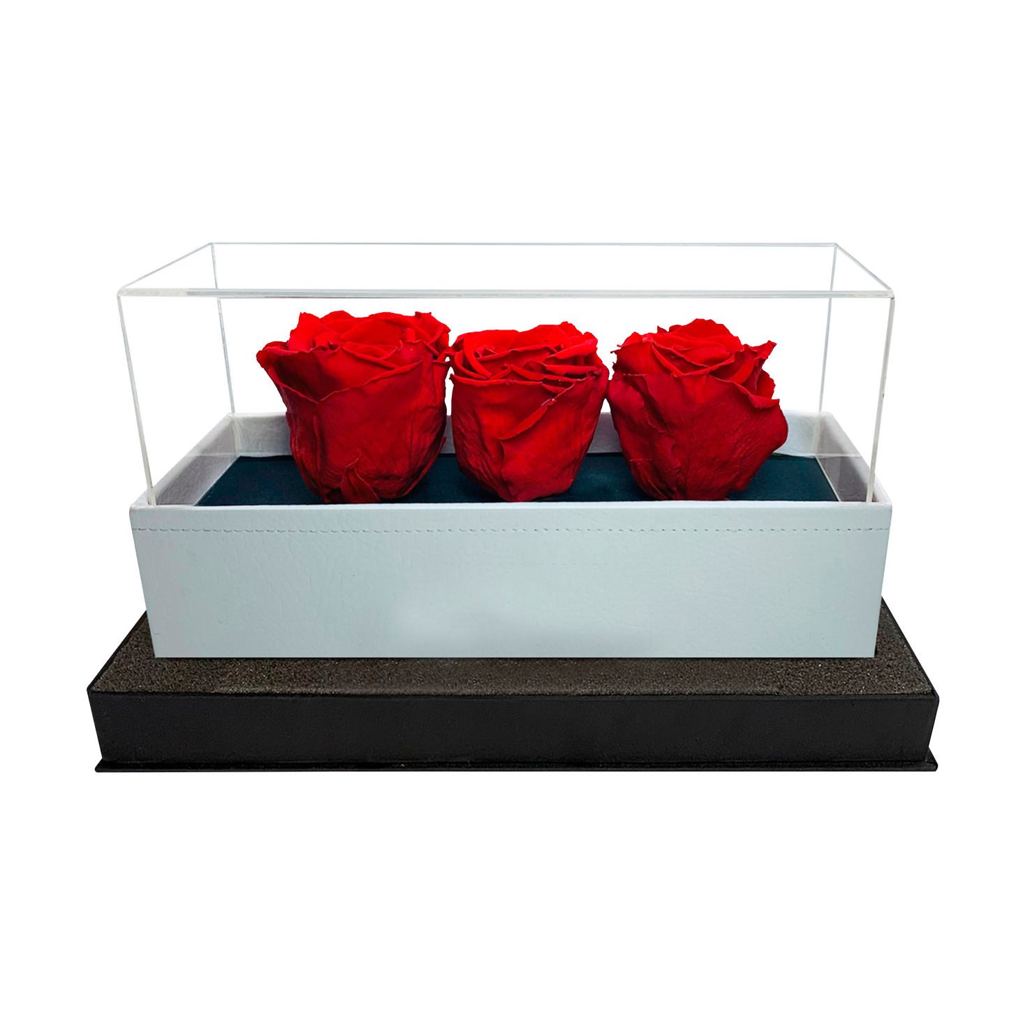 LUXURY 3 PRESERVED ROSES ARRANGEMENT - ACRYLIC TOP AND PU LEATHER BOX - BMade