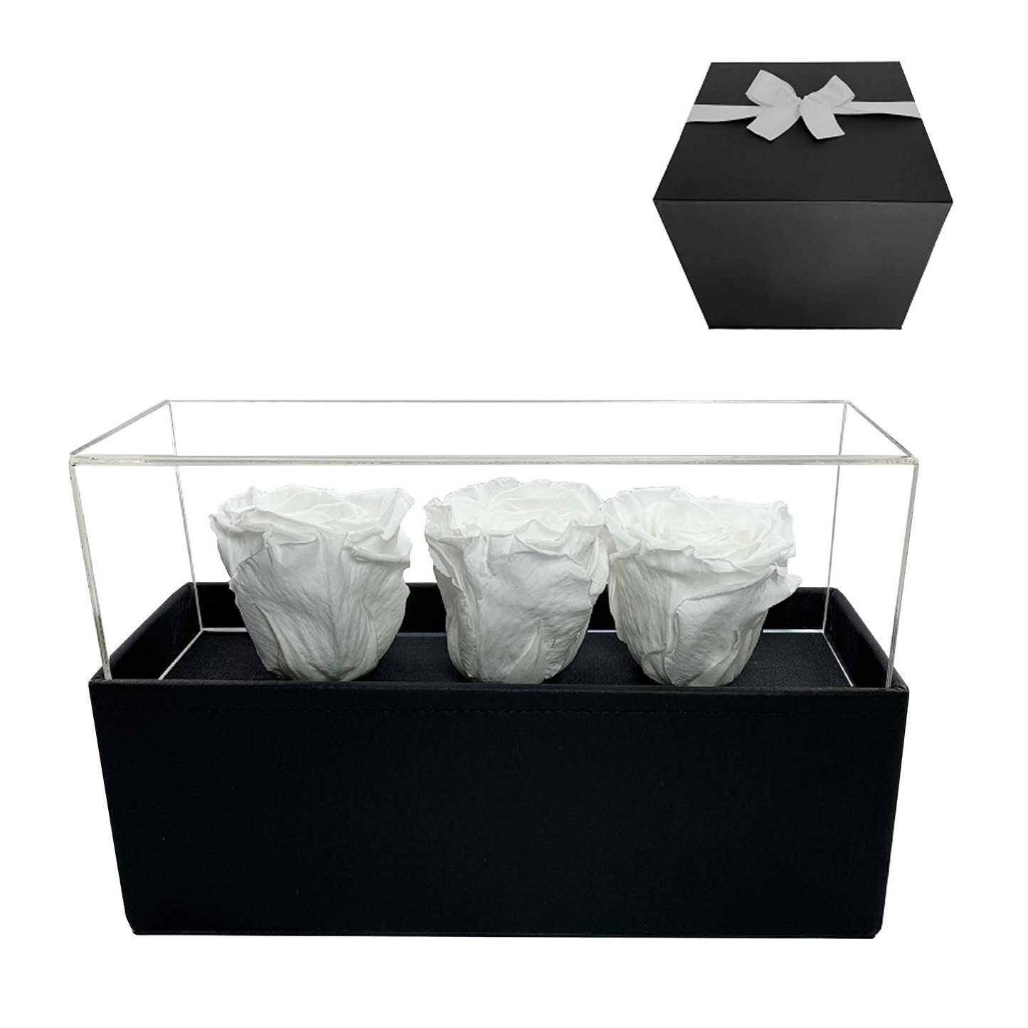 LUXURY 3 PRESERVED ROSES ARRANGEMENT - ACRYLIC TOP AND PU LEATHER BOX - BMade