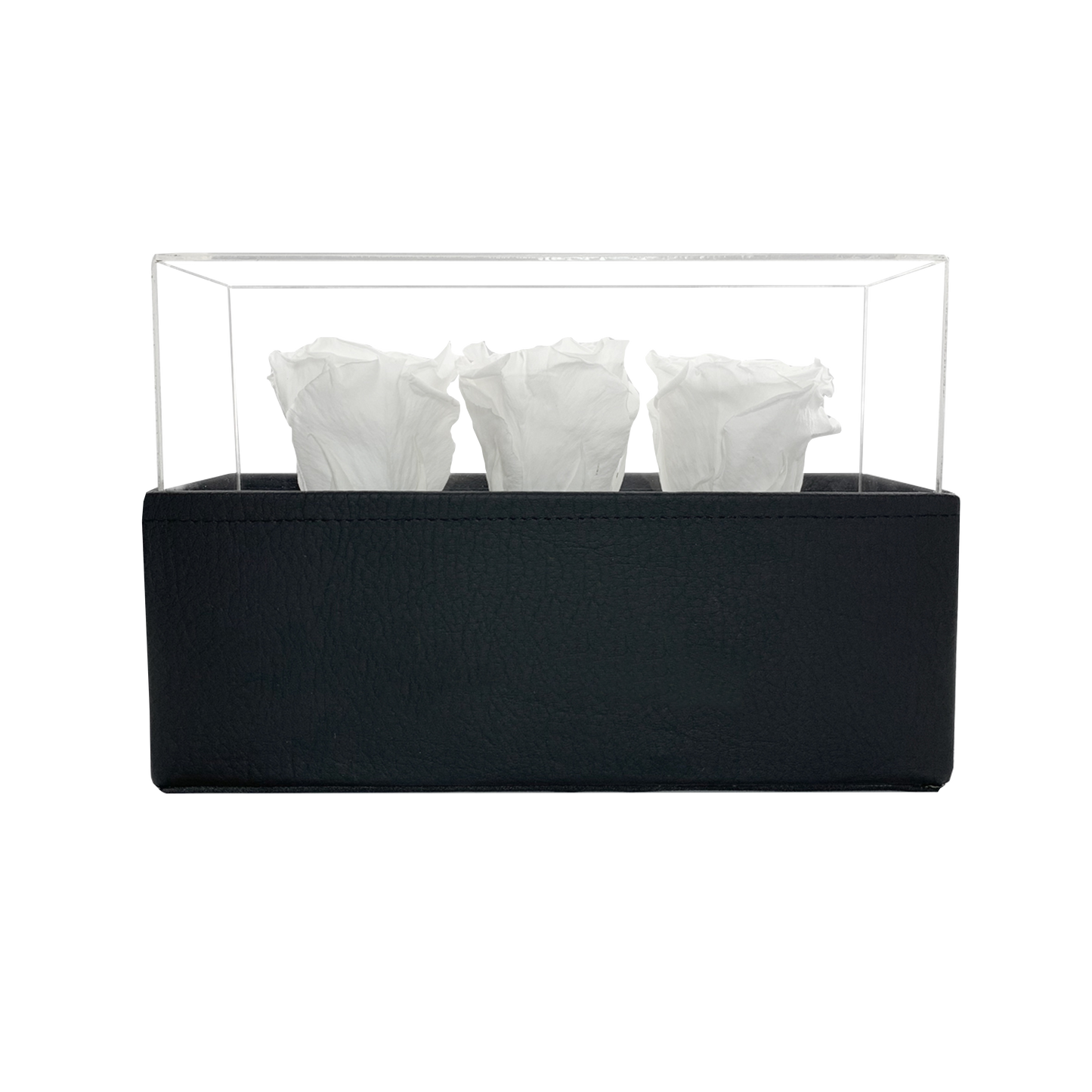 LUXURY 3 PRESERVED ROSES ARRANGEMENT - ACRYLIC TOP AND PU LEATHER BOX - BMade
