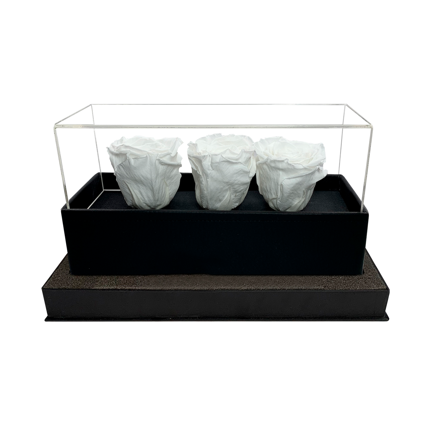 LUXURY 3 PRESERVED ROSES ARRANGEMENT - ACRYLIC TOP AND PU LEATHER BOX - BMade