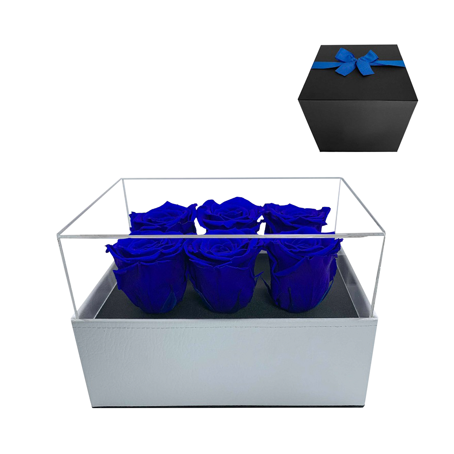 LUXURY 6 PRESERVED ROSES ARRANGEMENT - ACRYLIC TOP AND PU LEATHER BOX - BMade