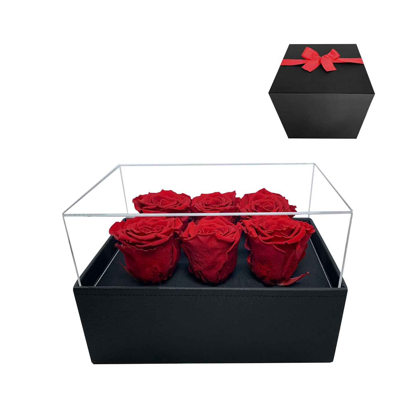 LUXURY 6 PRESERVED ROSES ARRANGEMENT - ACRYLIC TOP AND PU LEATHER BOX - BMade
