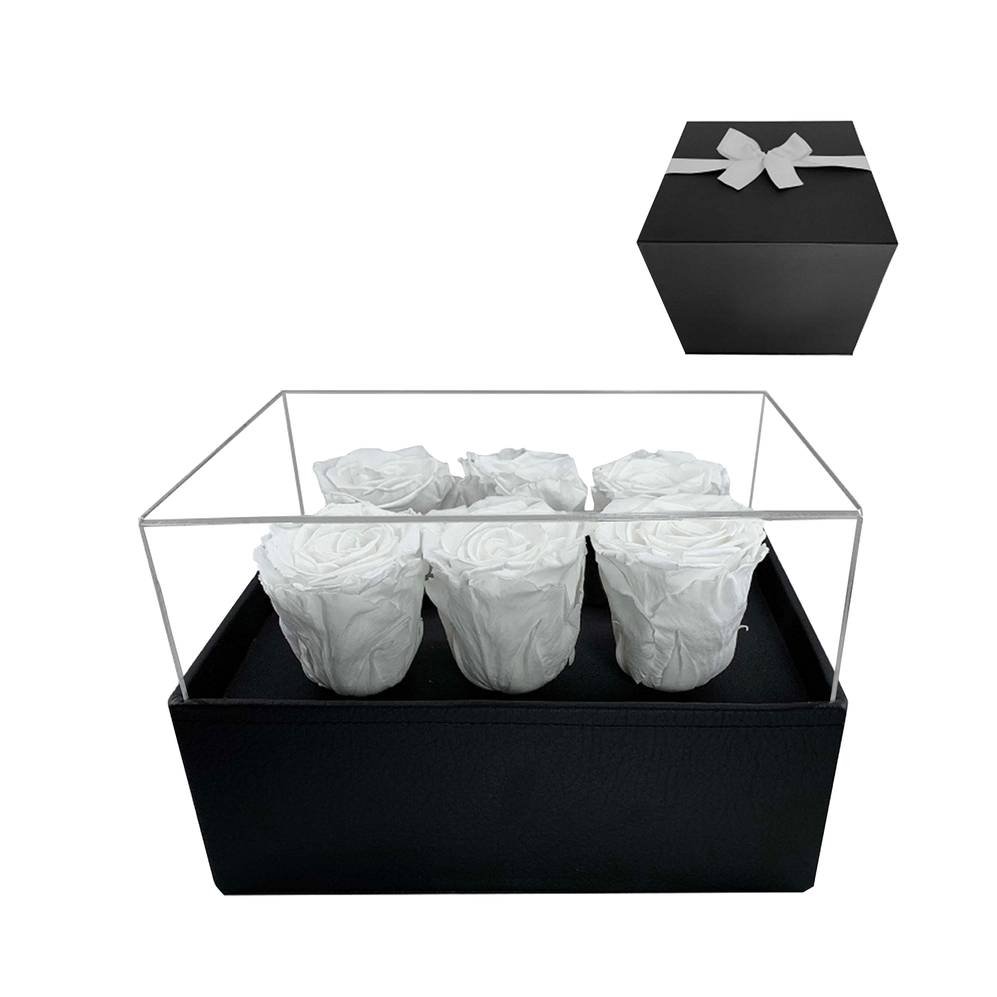 LUXURY 6 PRESERVED ROSES ARRANGEMENT - ACRYLIC TOP AND PU LEATHER BOX - BMade