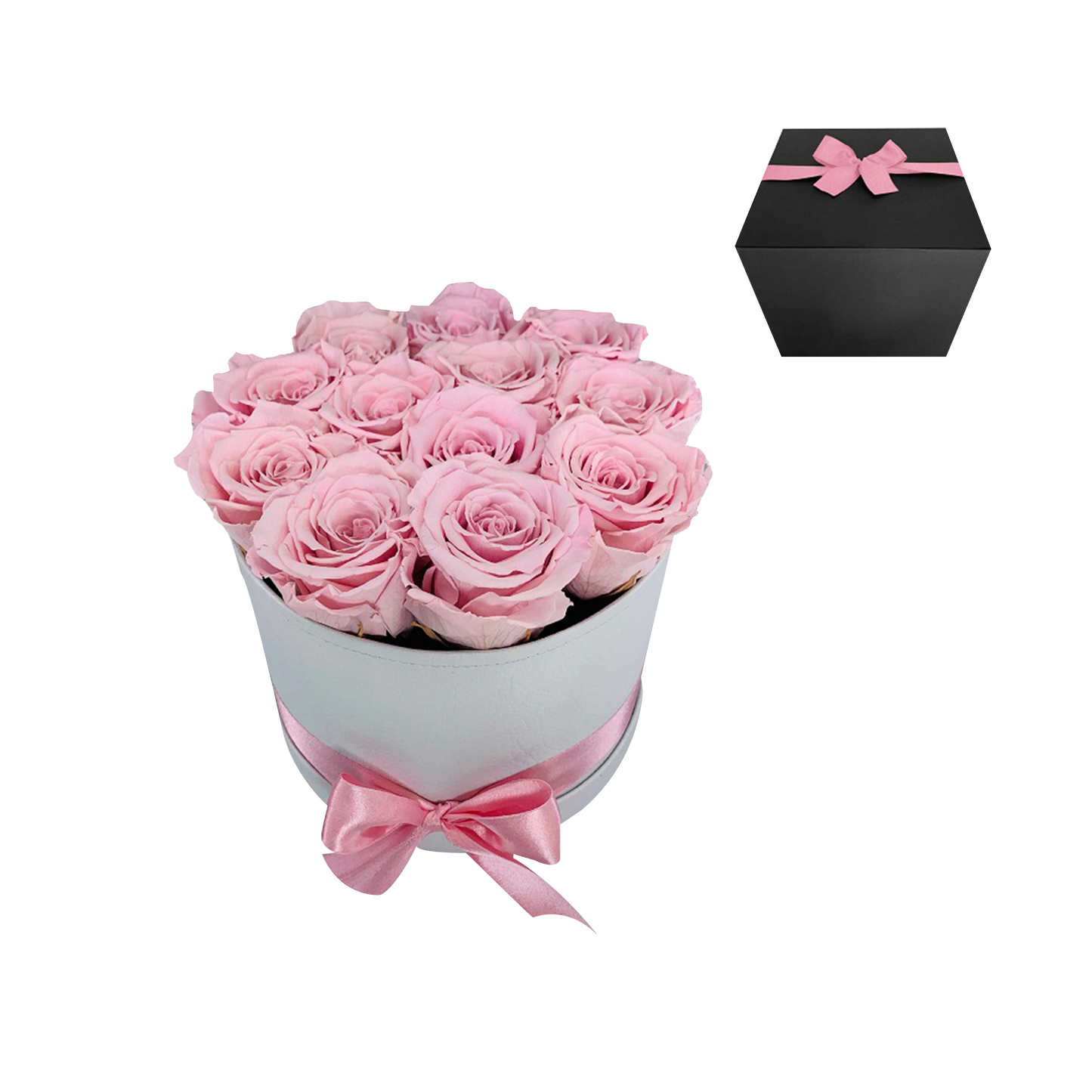 LUXURY 10-12 PRESERVED ROSES ARRANGEMENT - ROUND PU LEATHER BOX - BMade