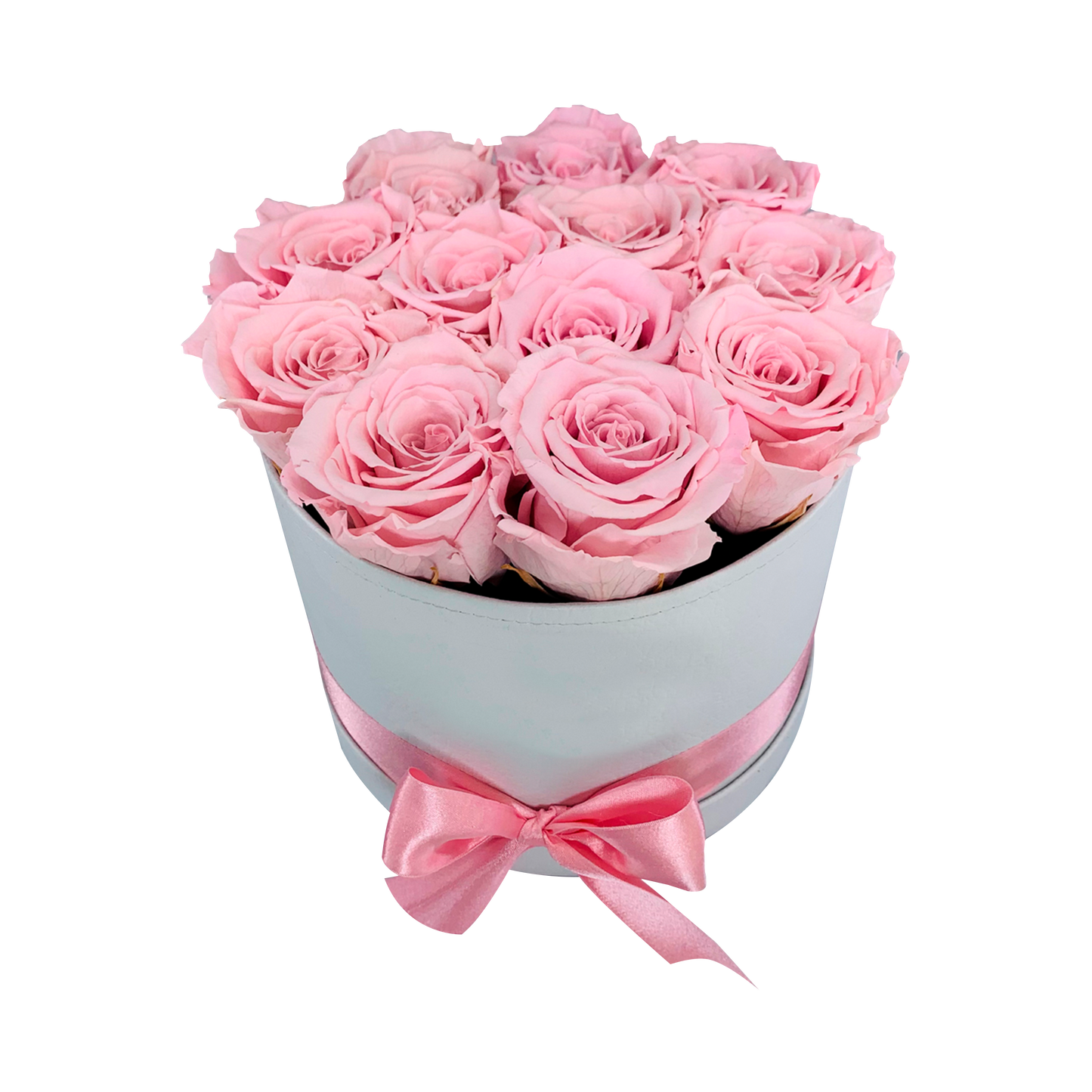 LUXURY 10-12 PRESERVED ROSES ARRANGEMENT - ROUND PU LEATHER BOX - BMade
