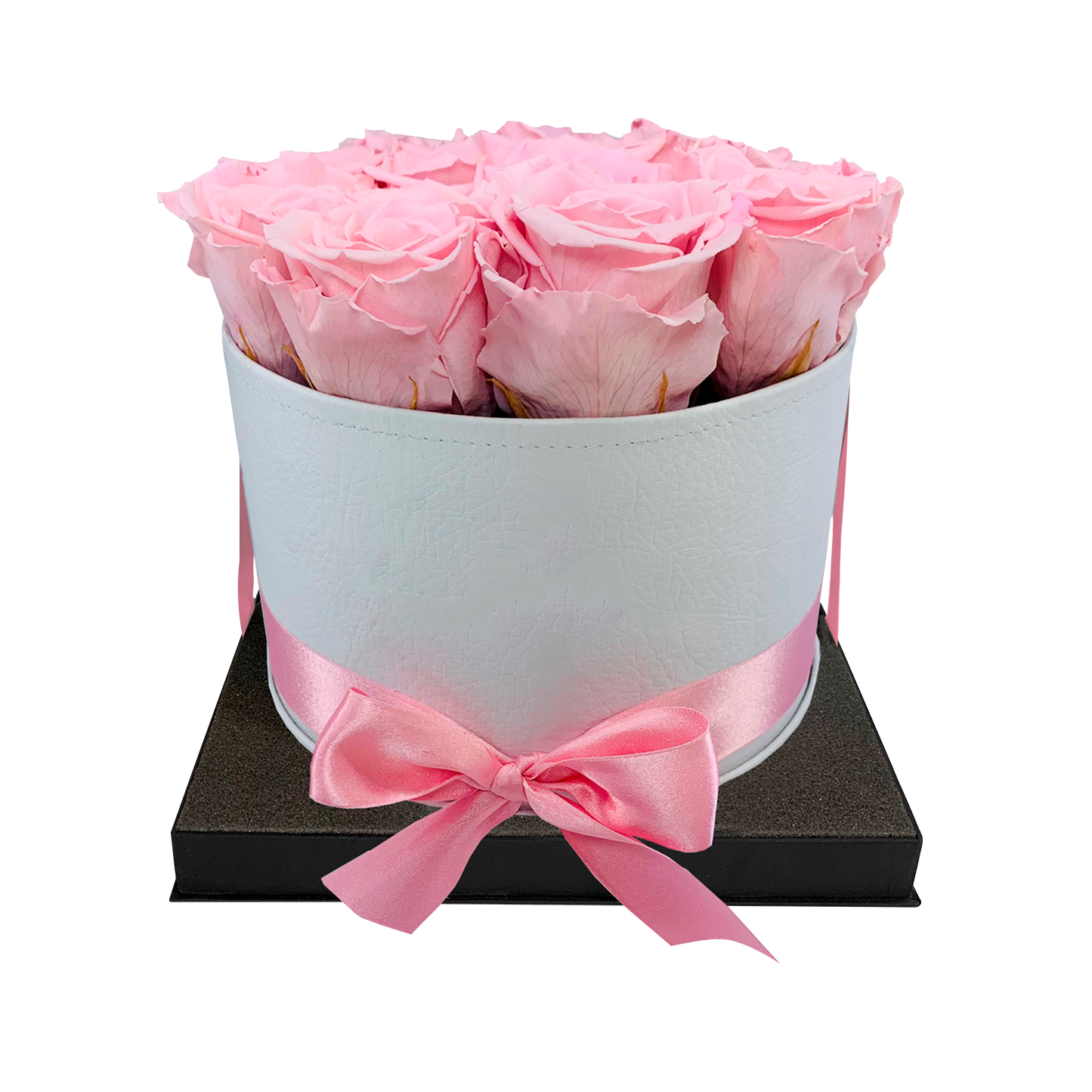LUXURY 10-12 PRESERVED ROSES ARRANGEMENT - ROUND PU LEATHER BOX - BMade