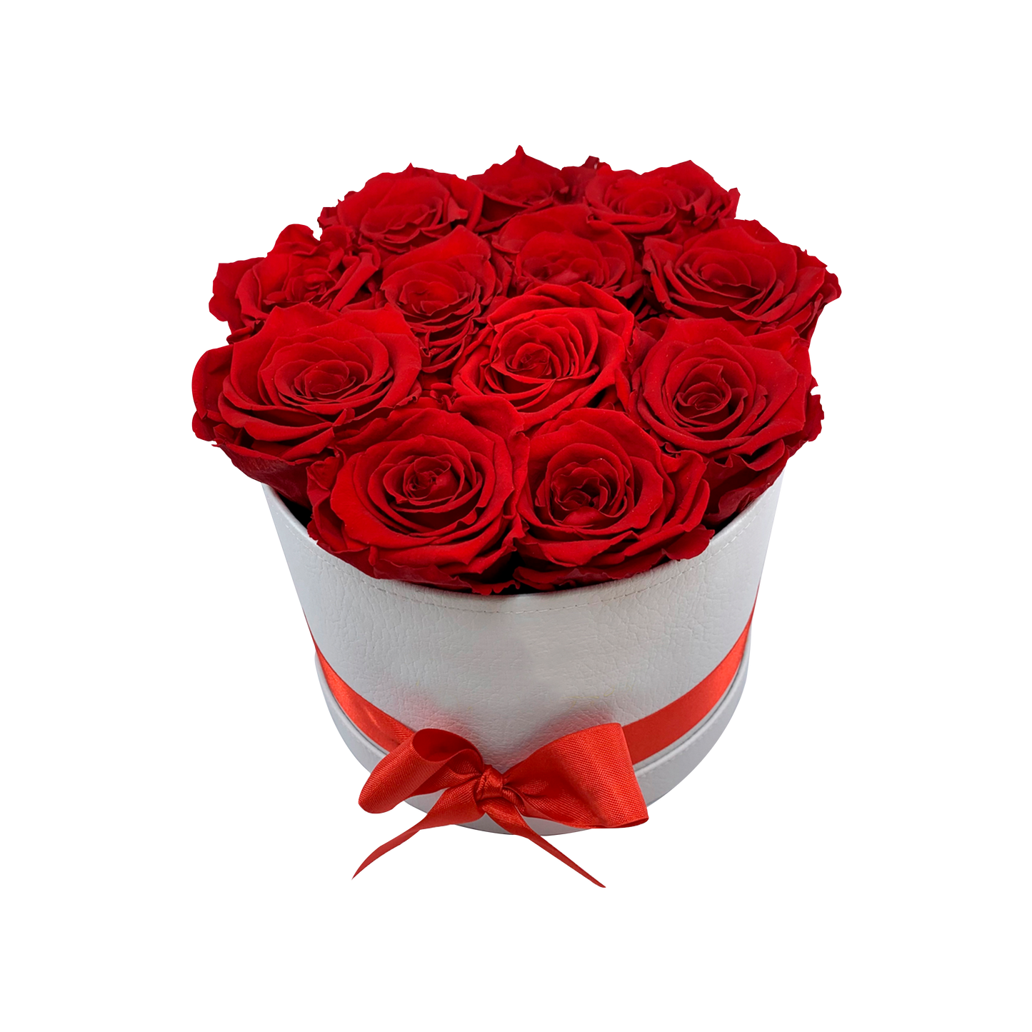 LUXURY 10-12 PRESERVED ROSES ARRANGEMENT - ROUND PU LEATHER BOX - BMade