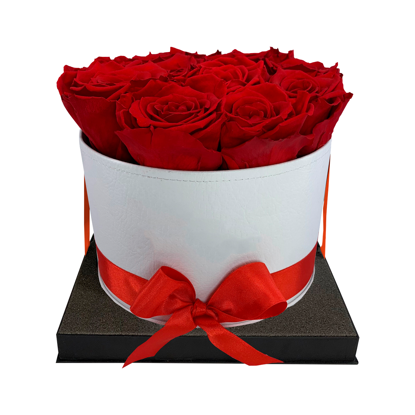 LUXURY 10-12 PRESERVED ROSES ARRANGEMENT - ROUND PU LEATHER BOX - BMade