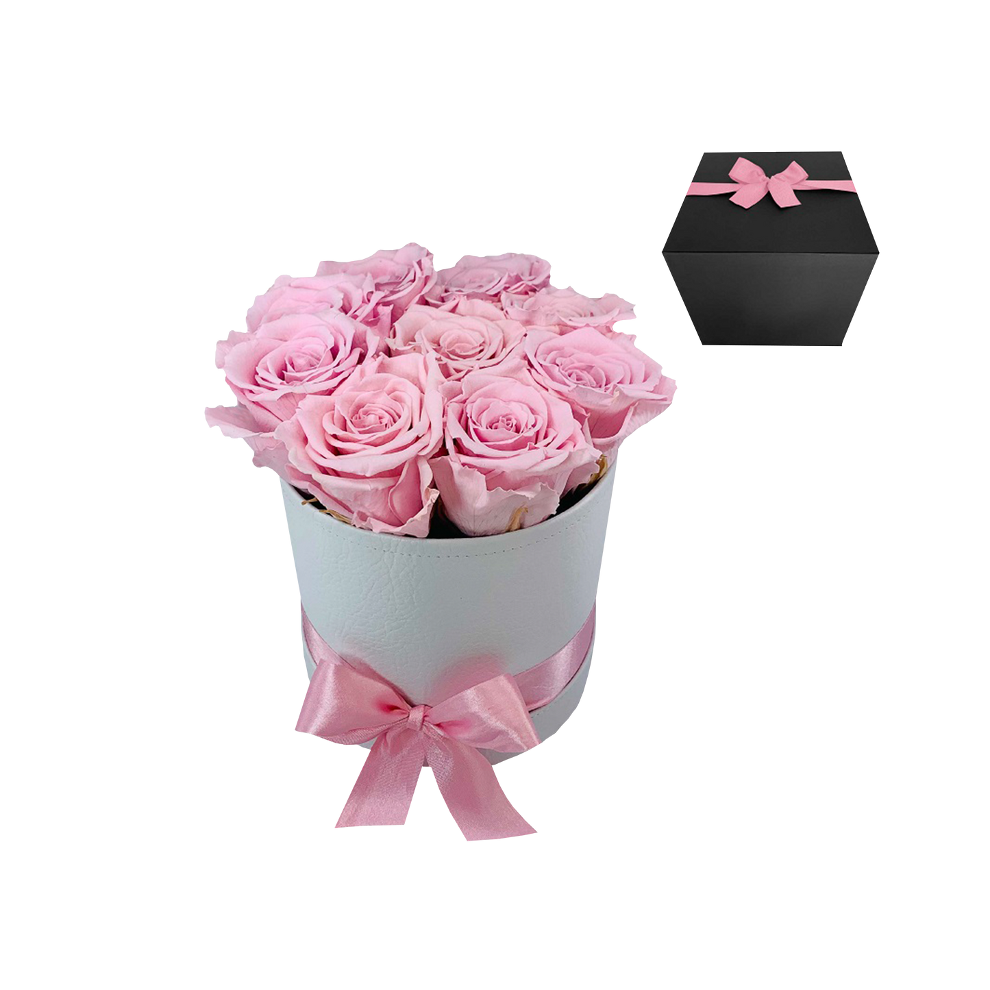 LUXURY 9-10 PRESERVED ROSES ARRANGEMENT - ROUND PU LEATHER BOX - BMade