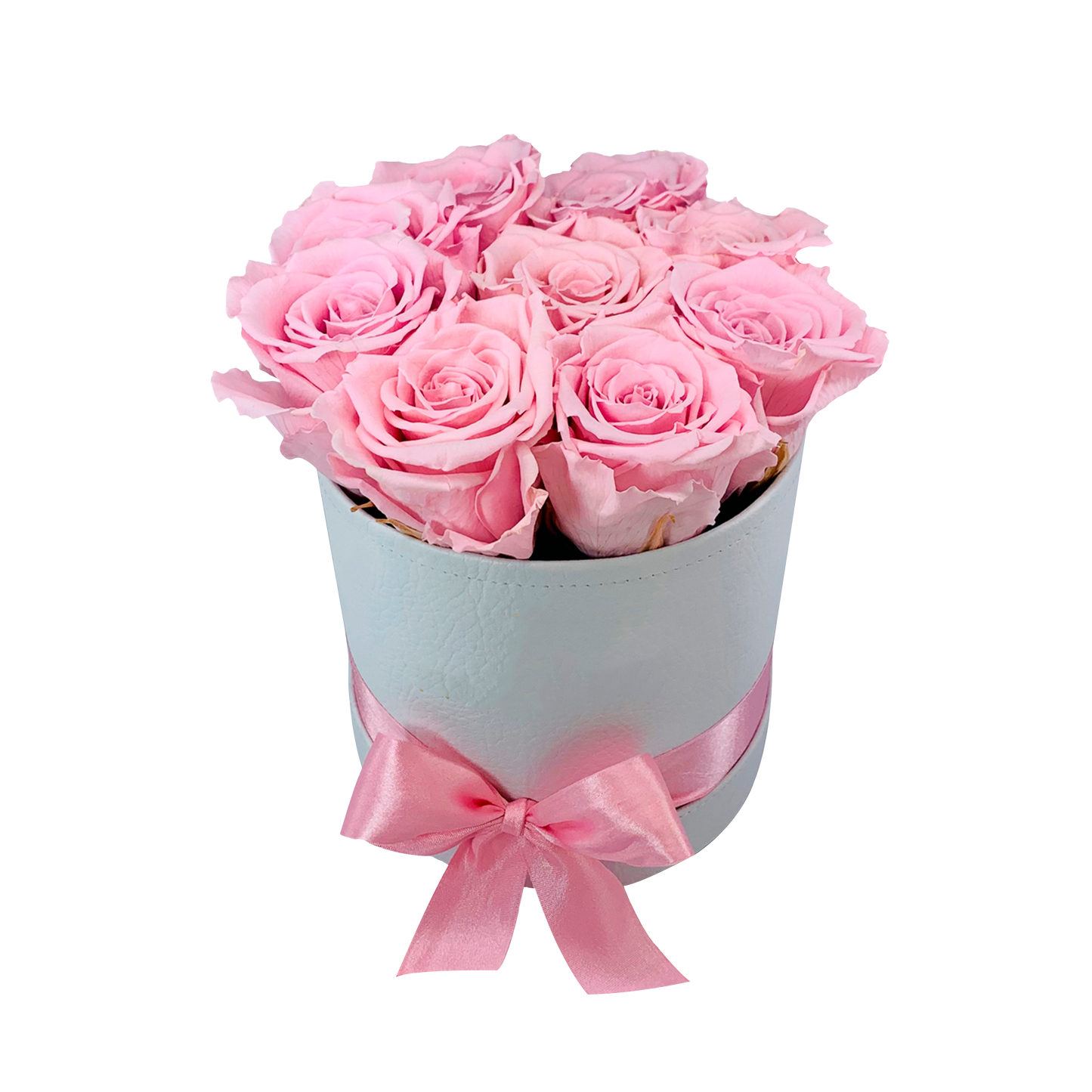 LUXURY 9-10 PRESERVED ROSES ARRANGEMENT - ROUND PU LEATHER BOX - BMade