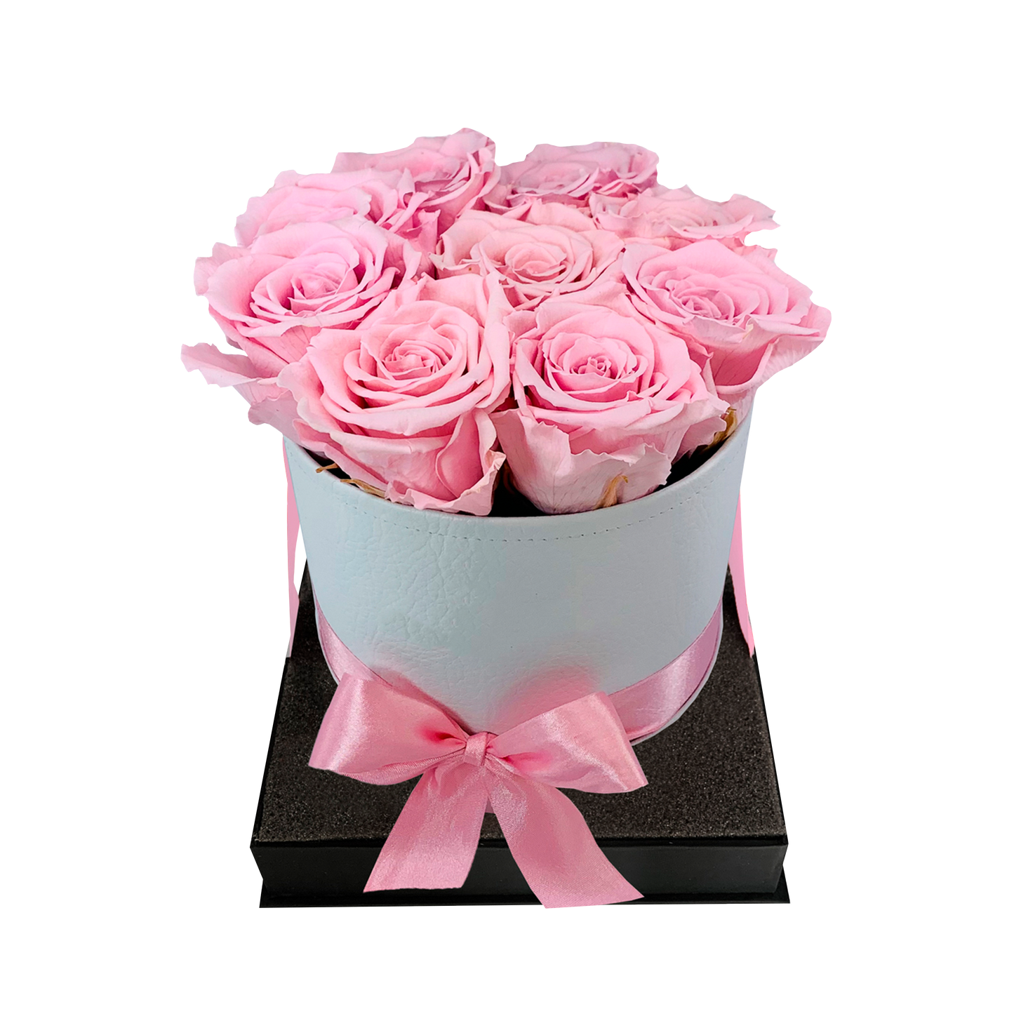 LUXURY 9-10 PRESERVED ROSES ARRANGEMENT - ROUND PU LEATHER BOX - BMade
