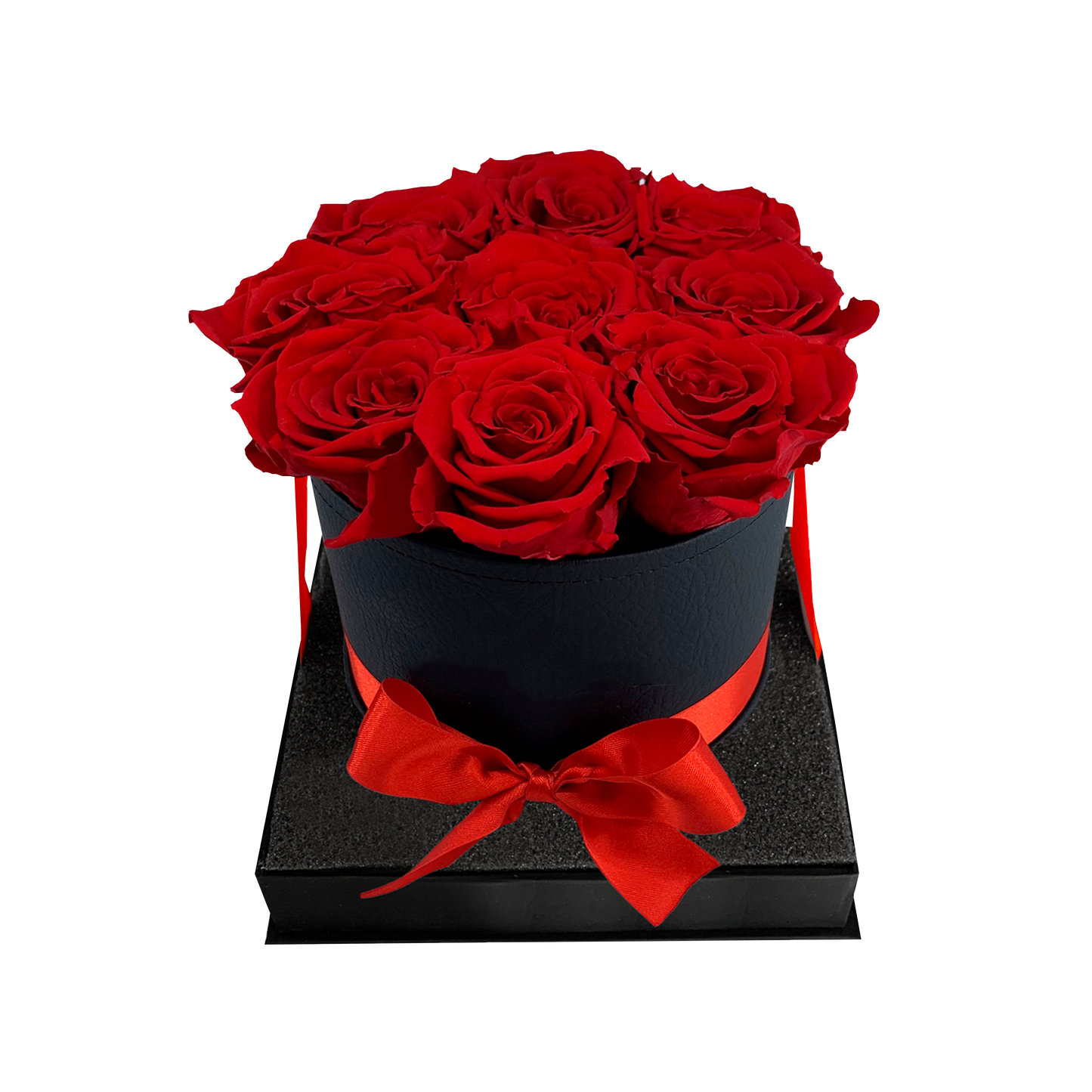 LUXURY 9-10 PRESERVED ROSES ARRANGEMENT - ROUND PU LEATHER BOX - BMade