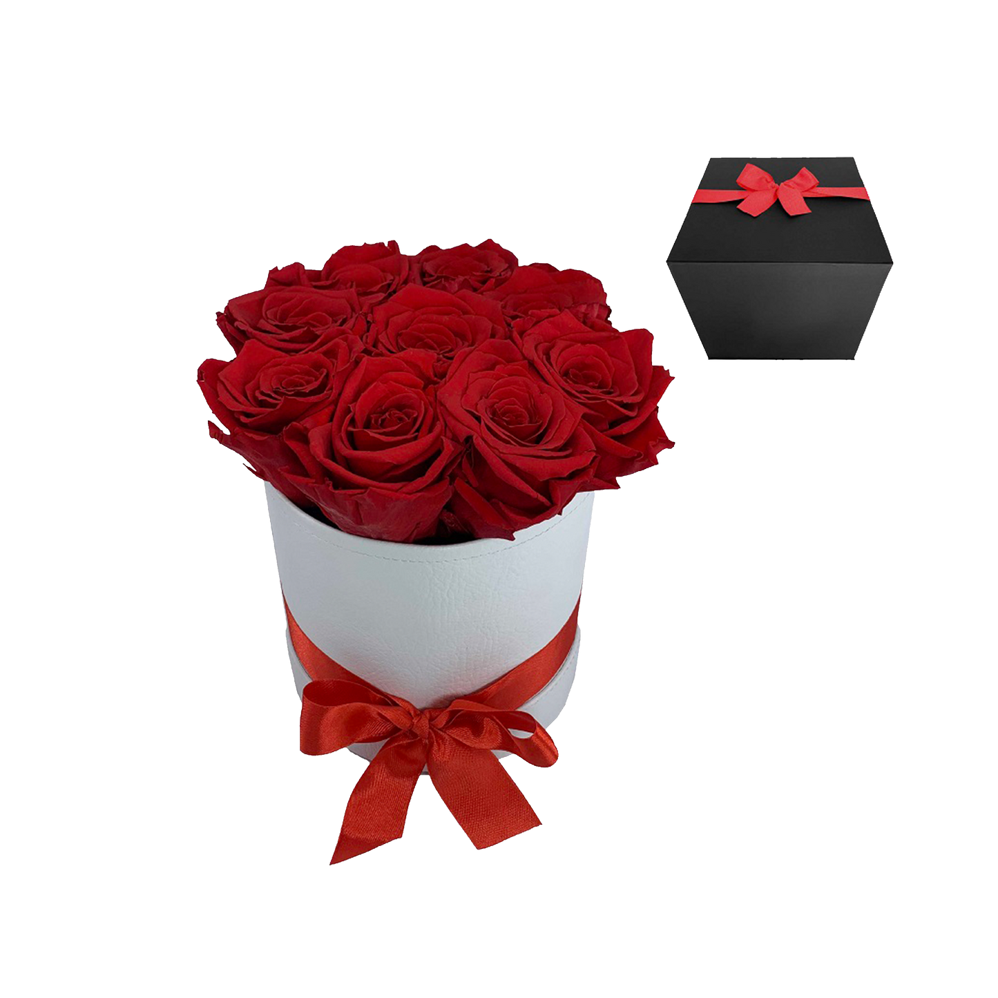 LUXURY 9-10 PRESERVED ROSES ARRANGEMENT - ROUND PU LEATHER BOX - BMade
