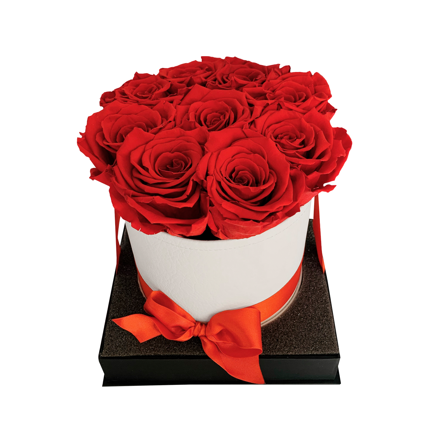 LUXURY 9-10 PRESERVED ROSES ARRANGEMENT - ROUND PU LEATHER BOX - BMade