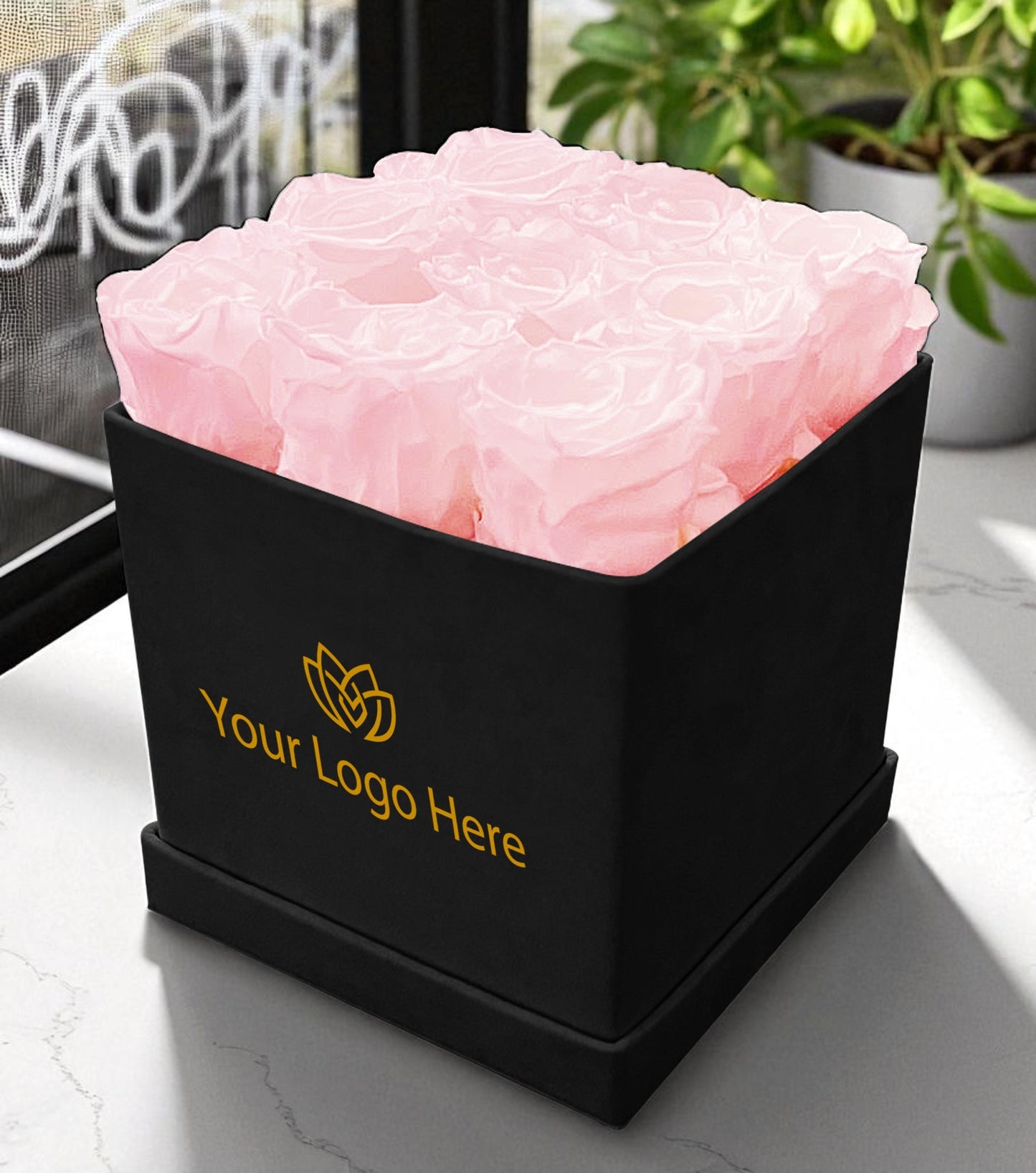 Branded Square Floral Arrangement | 9 Preserved Roses, Fast Shipping