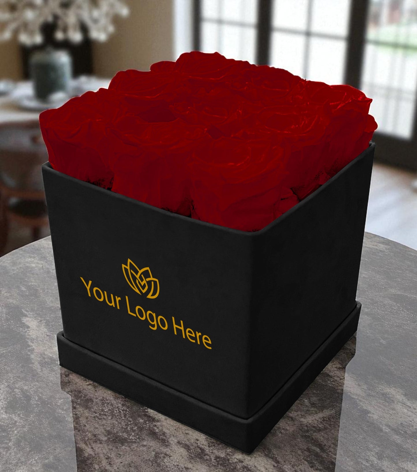 Branded Square Floral Arrangement | 9 Preserved Roses, Fast Shipping