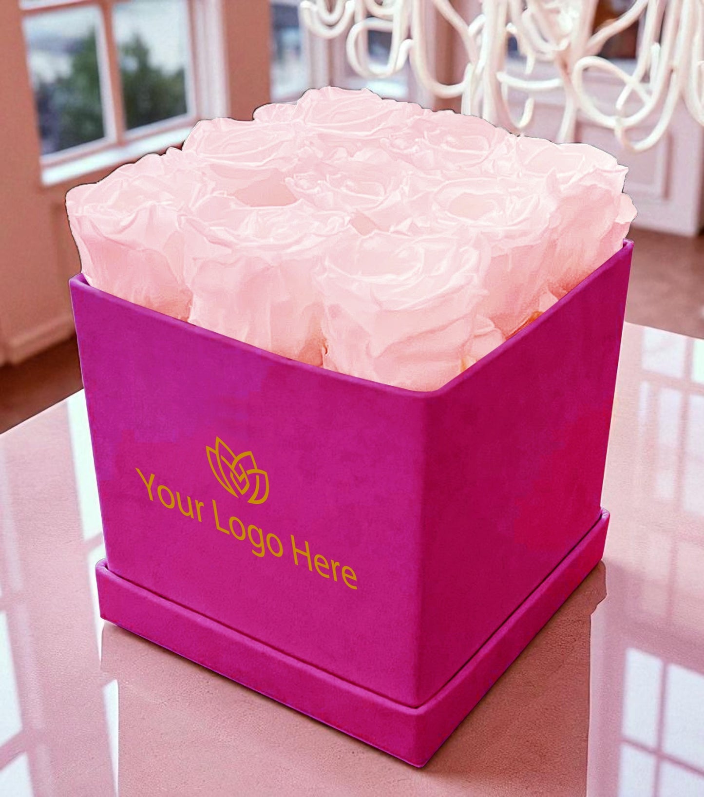 Branded Square Floral Arrangement | 9 Preserved Roses, Fast Shipping