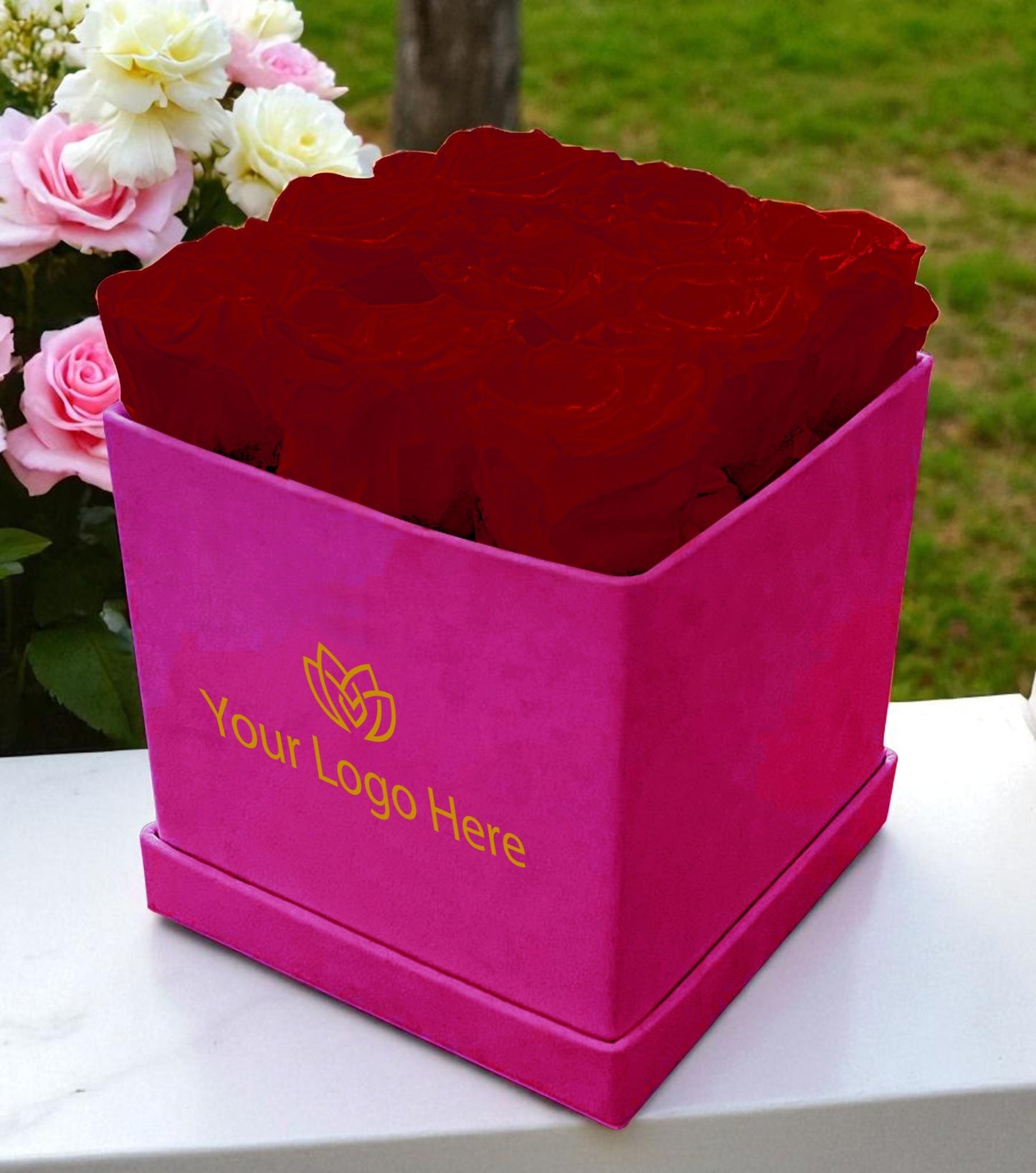 Branded Square Floral Arrangement | 9 Preserved Roses, Fast Shipping