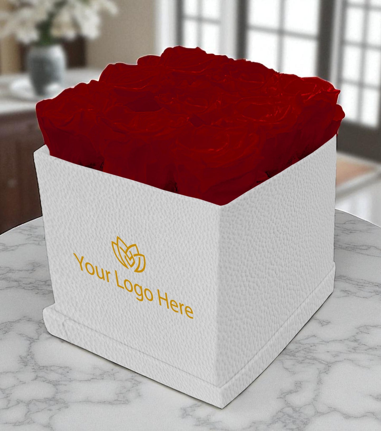 Branded Square Floral Arrangement | 9 Preserved Roses, Fast Shipping