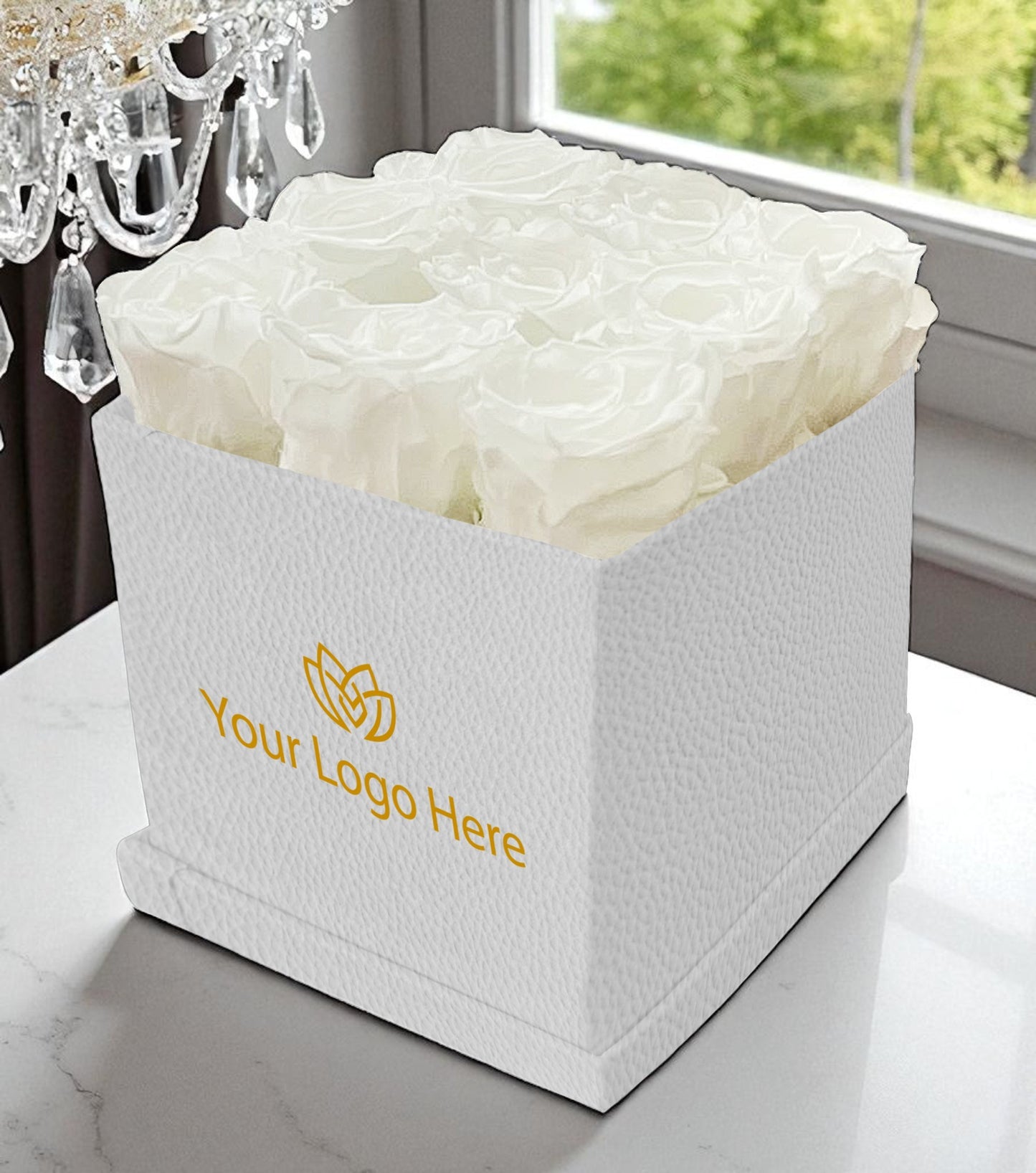 Branded Square Floral Arrangement | 9 Preserved Roses, Fast Shipping