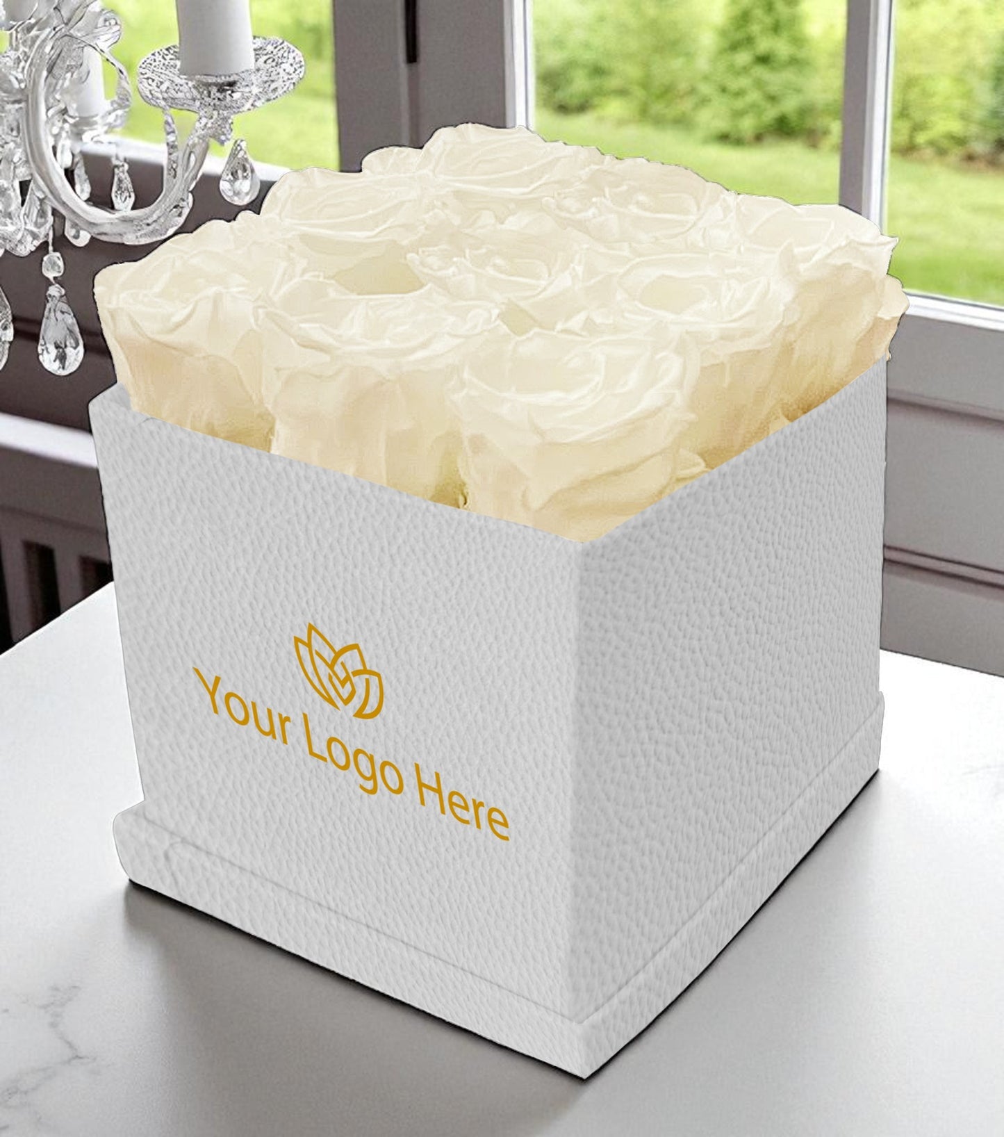 Branded Square Floral Arrangement | 9 Preserved Roses, Fast Shipping