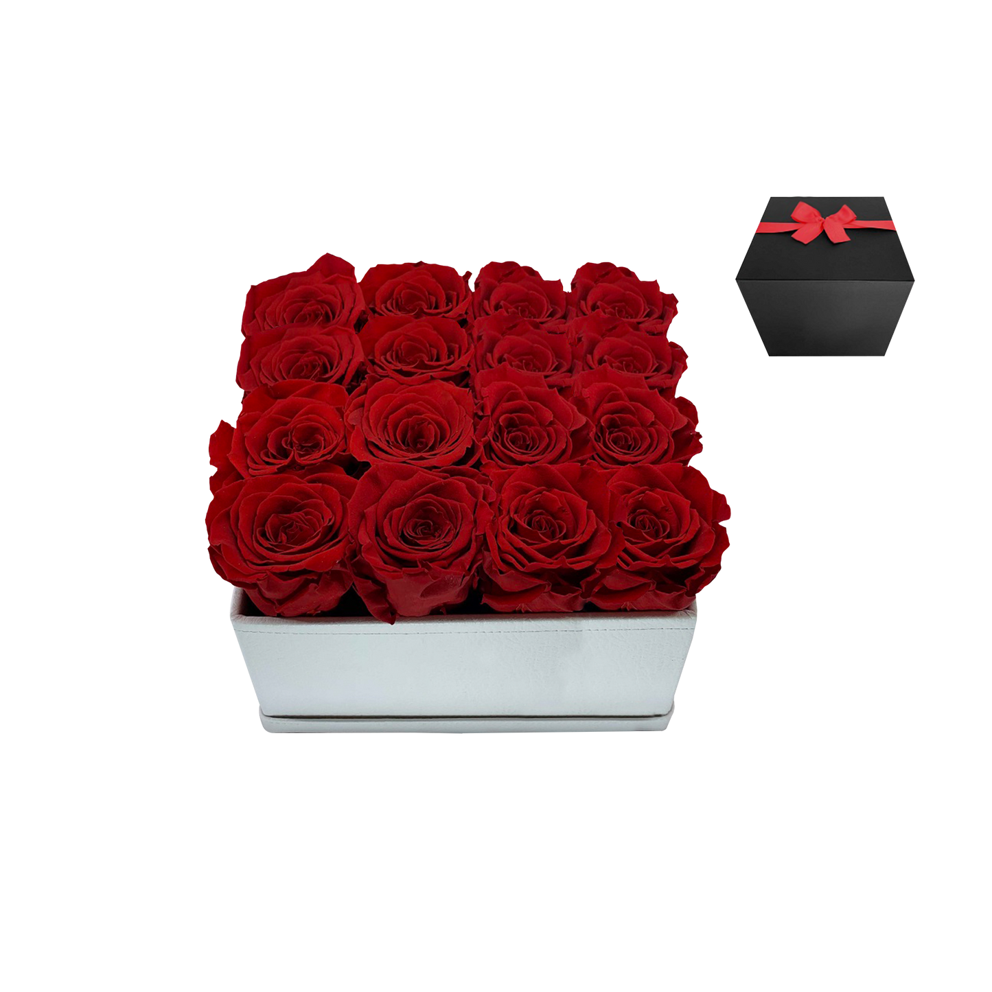 LUXURY 16 PRESERVED ROSES ARRANGEMENT - SQUARE PU LEATHER BOX - BMade