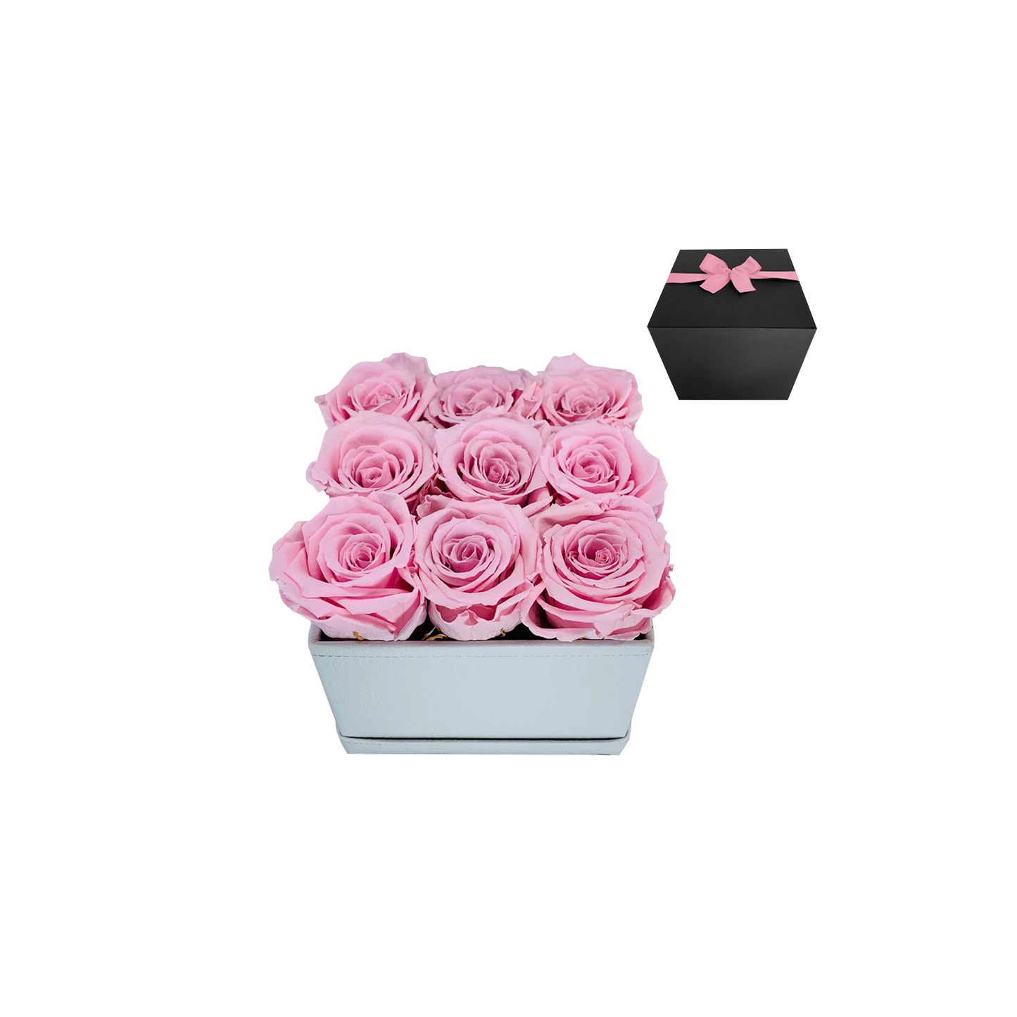 LUXURY 9 PRESERVED ROSES ARRANGEMENT - SQUARE PU LEATHER BOX - BMade