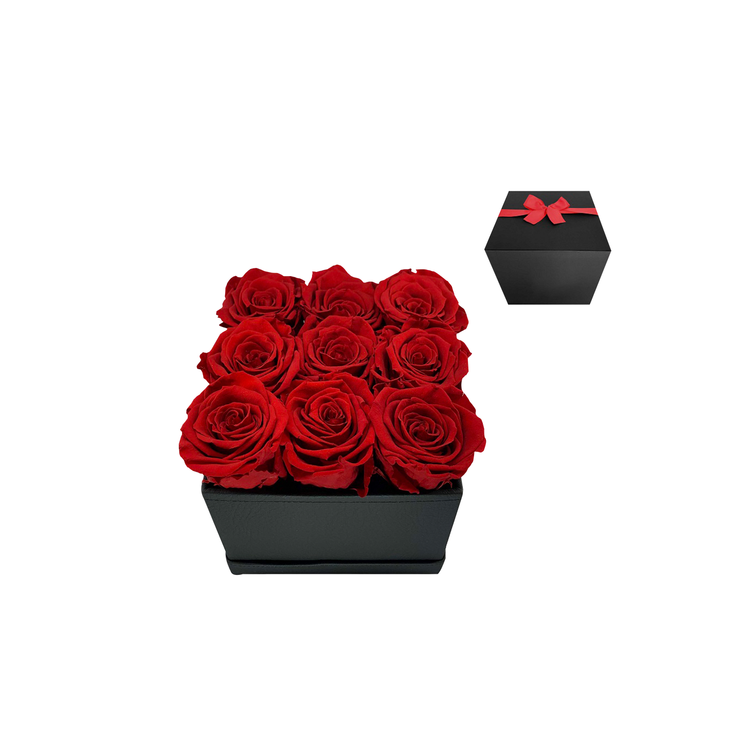 LUXURY 9 PRESERVED ROSES ARRANGEMENT - SQUARE PU LEATHER BOX - BMade