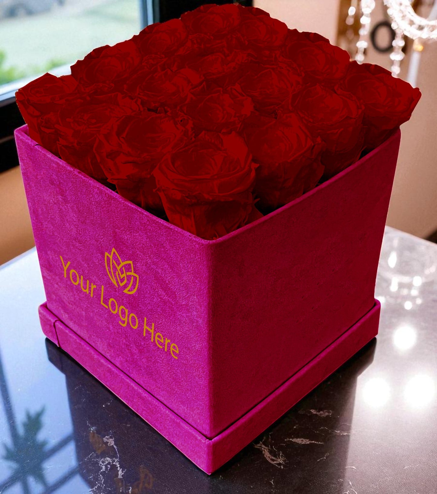 Branded Square Floral Arrangement | 16 Preserved Roses, Fast Shipping