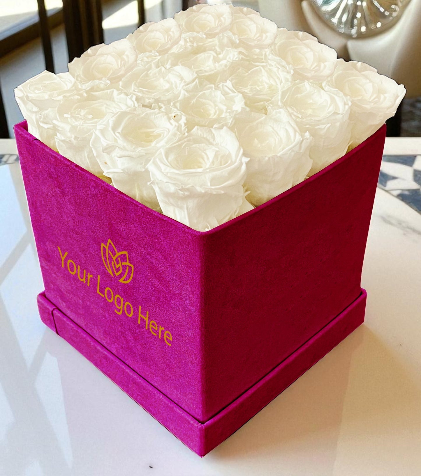 Branded Square Floral Arrangement | 16 Preserved Roses, Fast Shipping