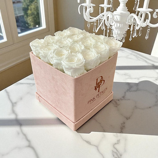 Branded Square Floral Arrangement | 16 Preserved Roses, Fast Shipping