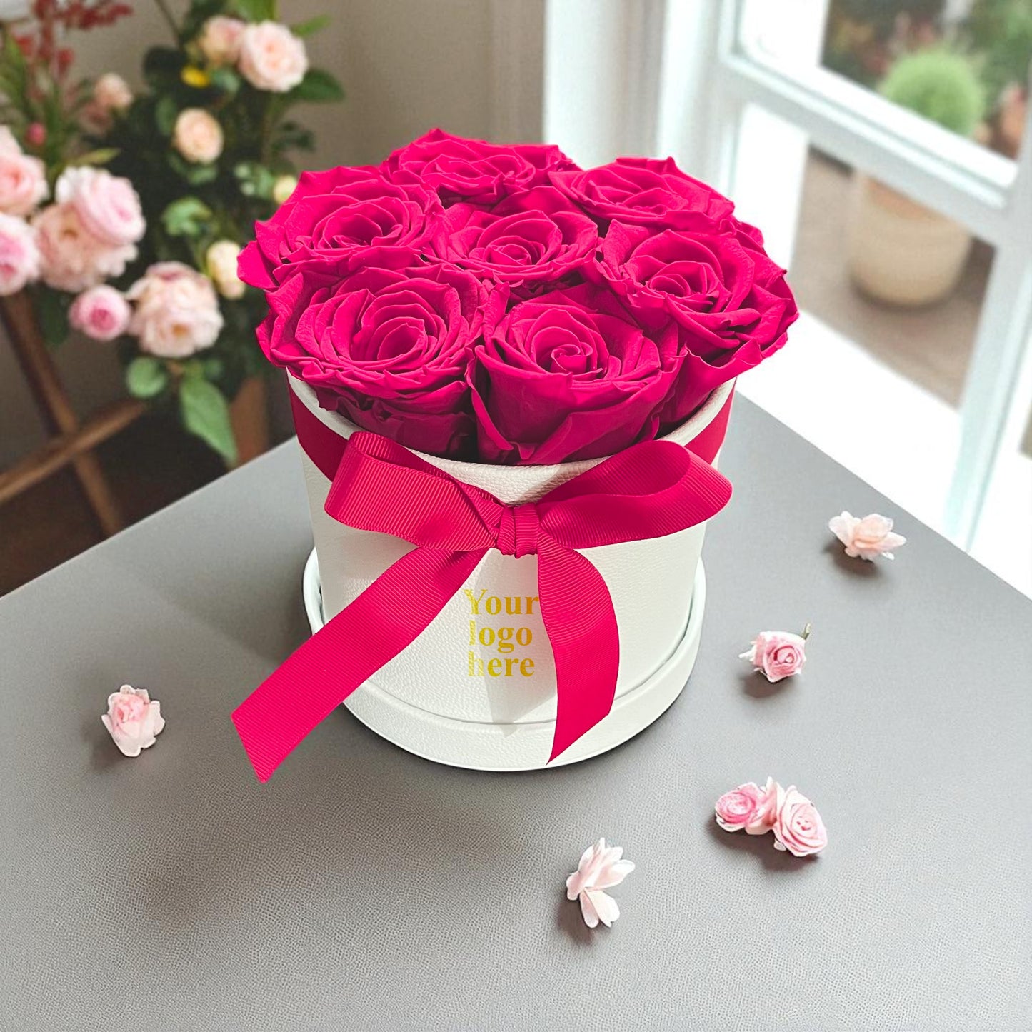 Branded Round Floral Arrangement | 7 Preserved Roses, Fast Shipping