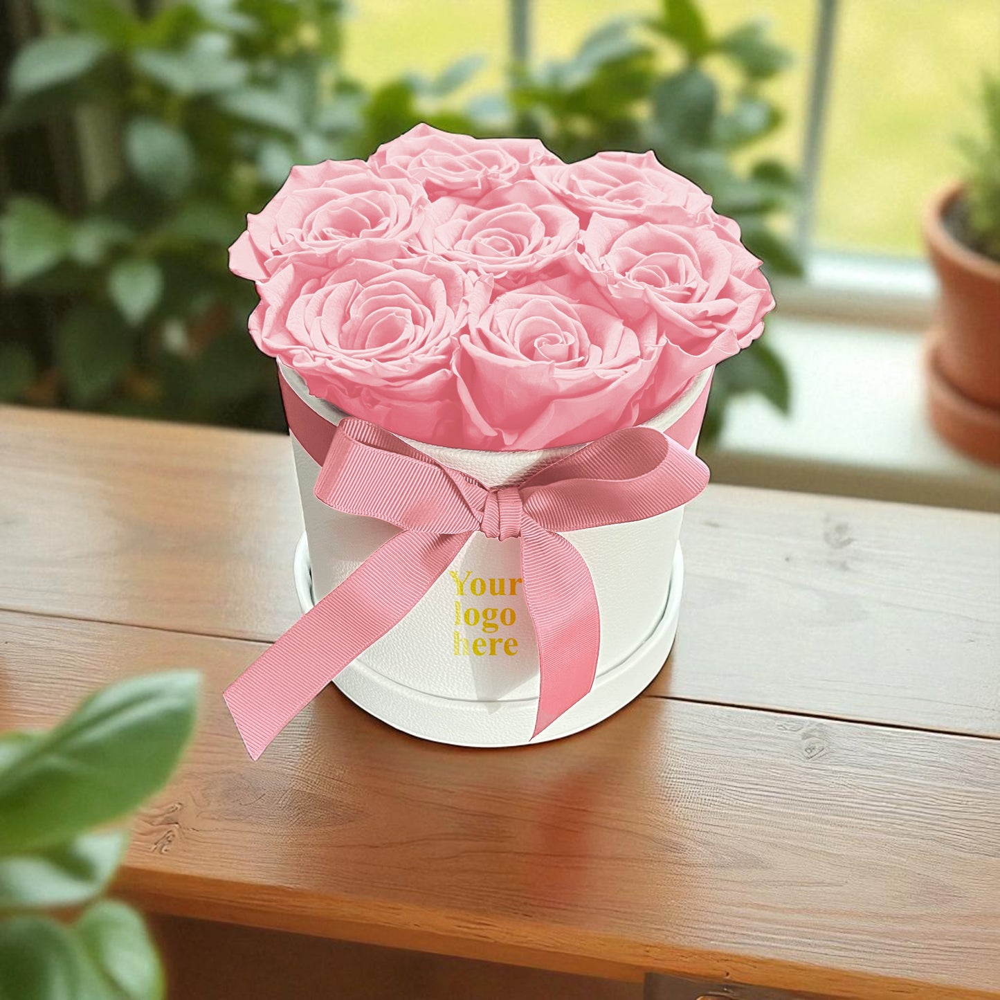 Branded Round Floral Arrangement | 7 Preserved Roses, Fast Shipping
