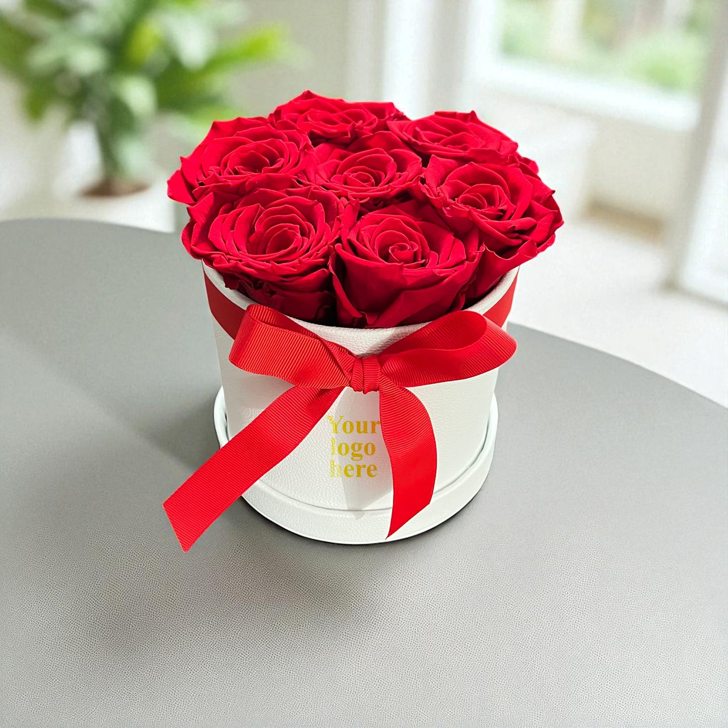 Branded Round Floral Arrangement | 7 Preserved Roses, Fast Shipping