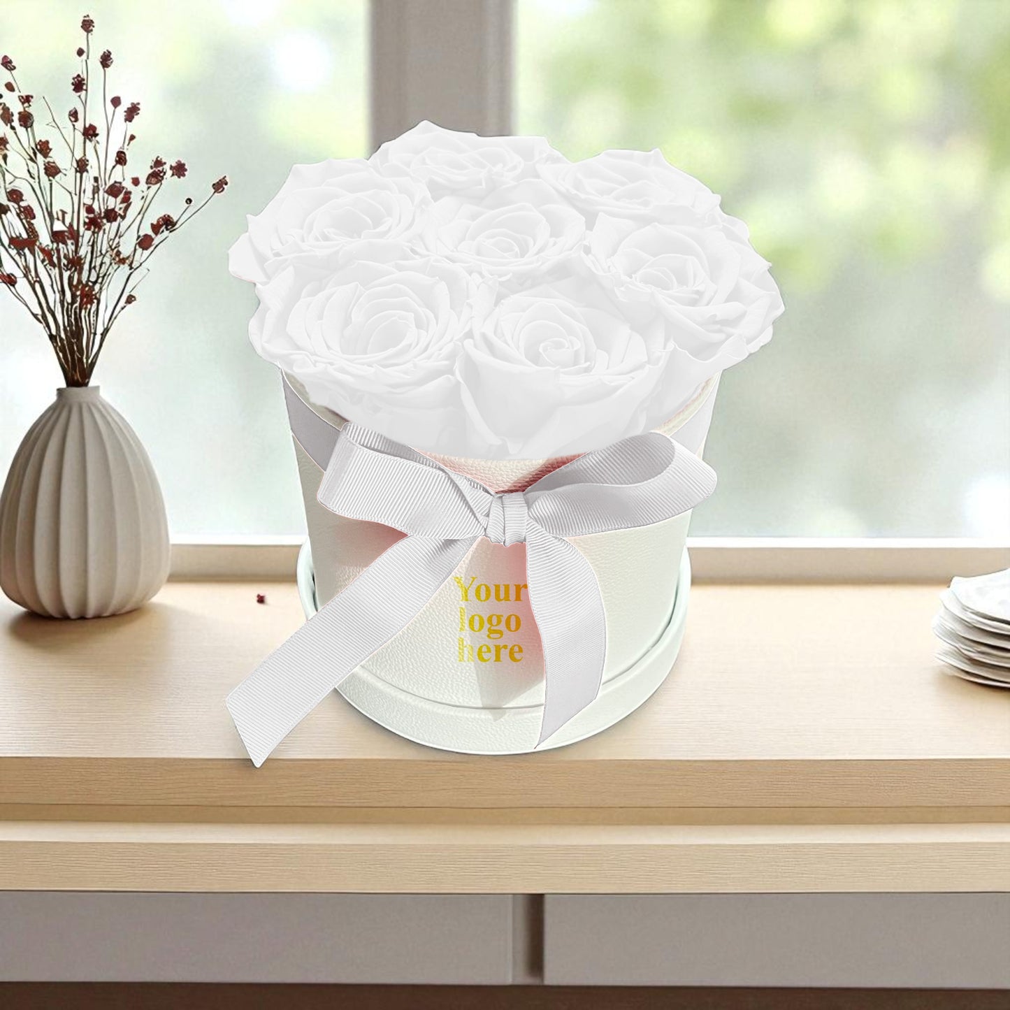 Branded Round Floral Arrangement | 7 Preserved Roses, Fast Shipping