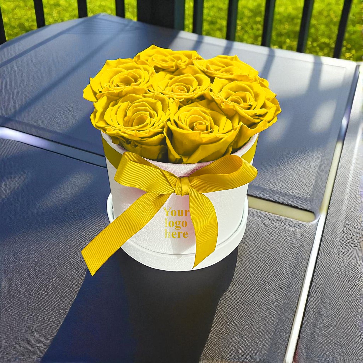 Branded Round Floral Arrangement | 7 Preserved Roses, Fast Shipping