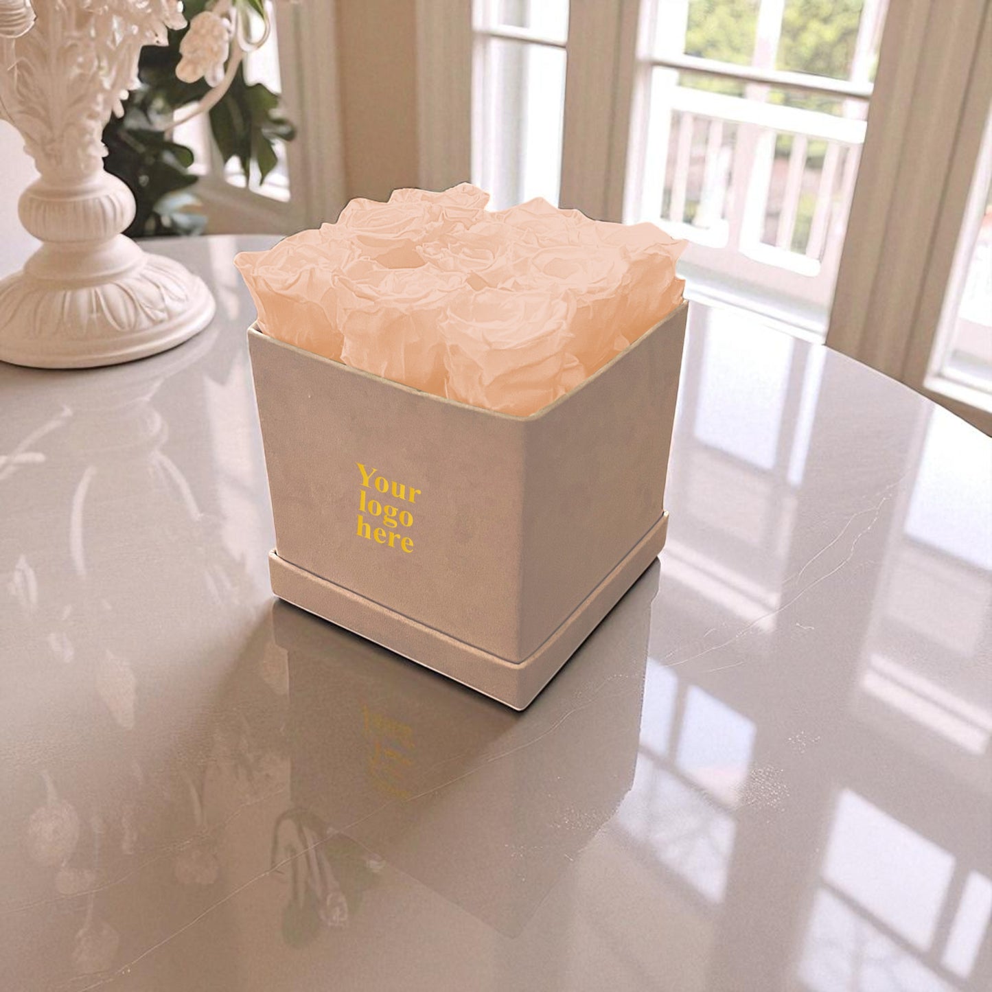 Branded Square Floral Arrangement | 9 Preserved Roses, Fast Shipping