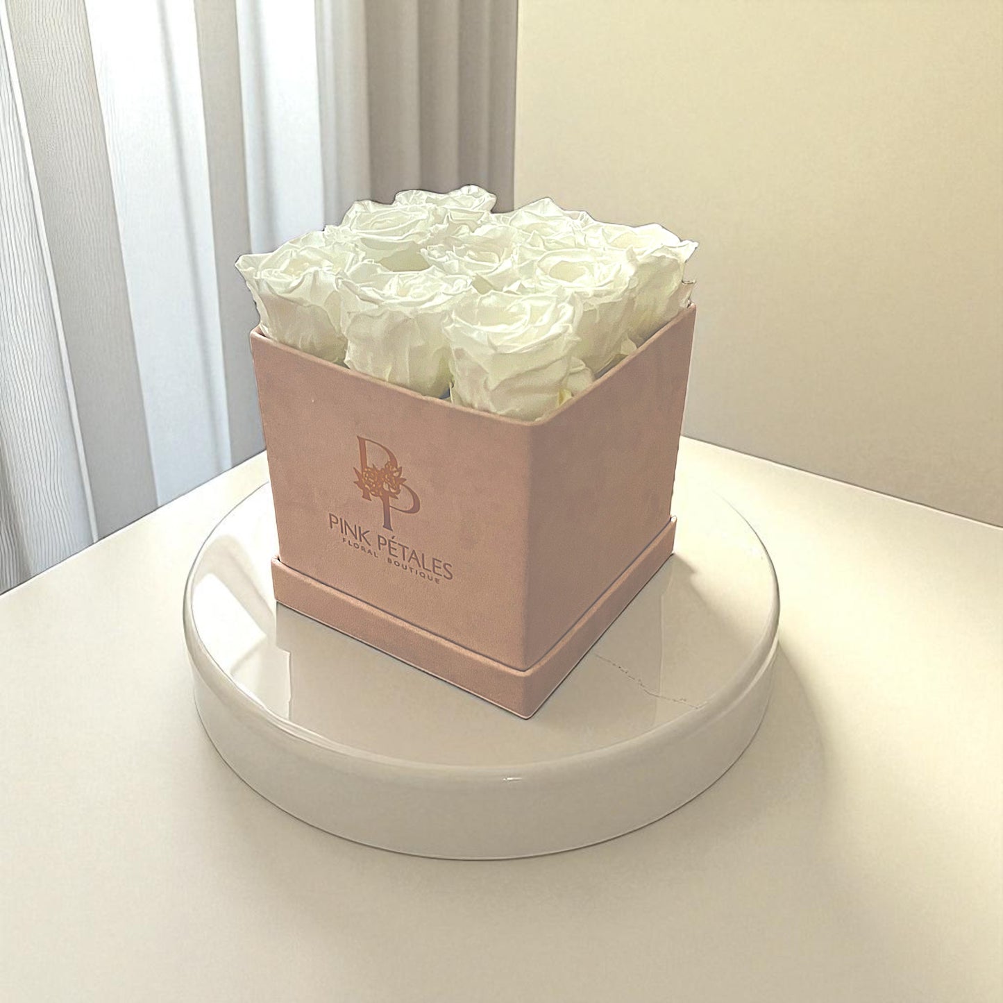 Branded Square Floral Arrangement | 9 Preserved Roses, Fast Shipping