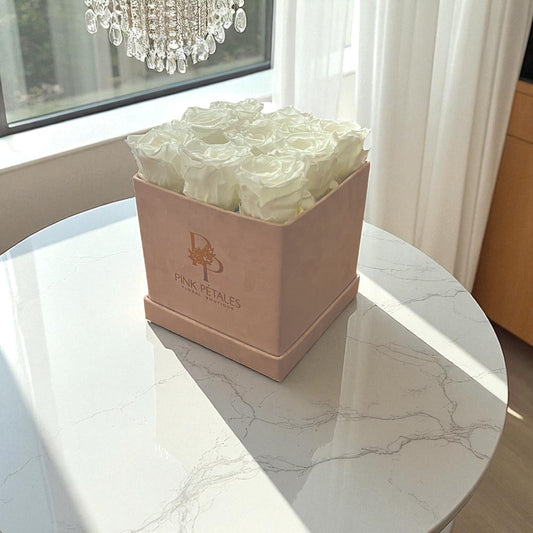 Branded Square Floral Arrangement | 9 Preserved Roses, Fast Shipping