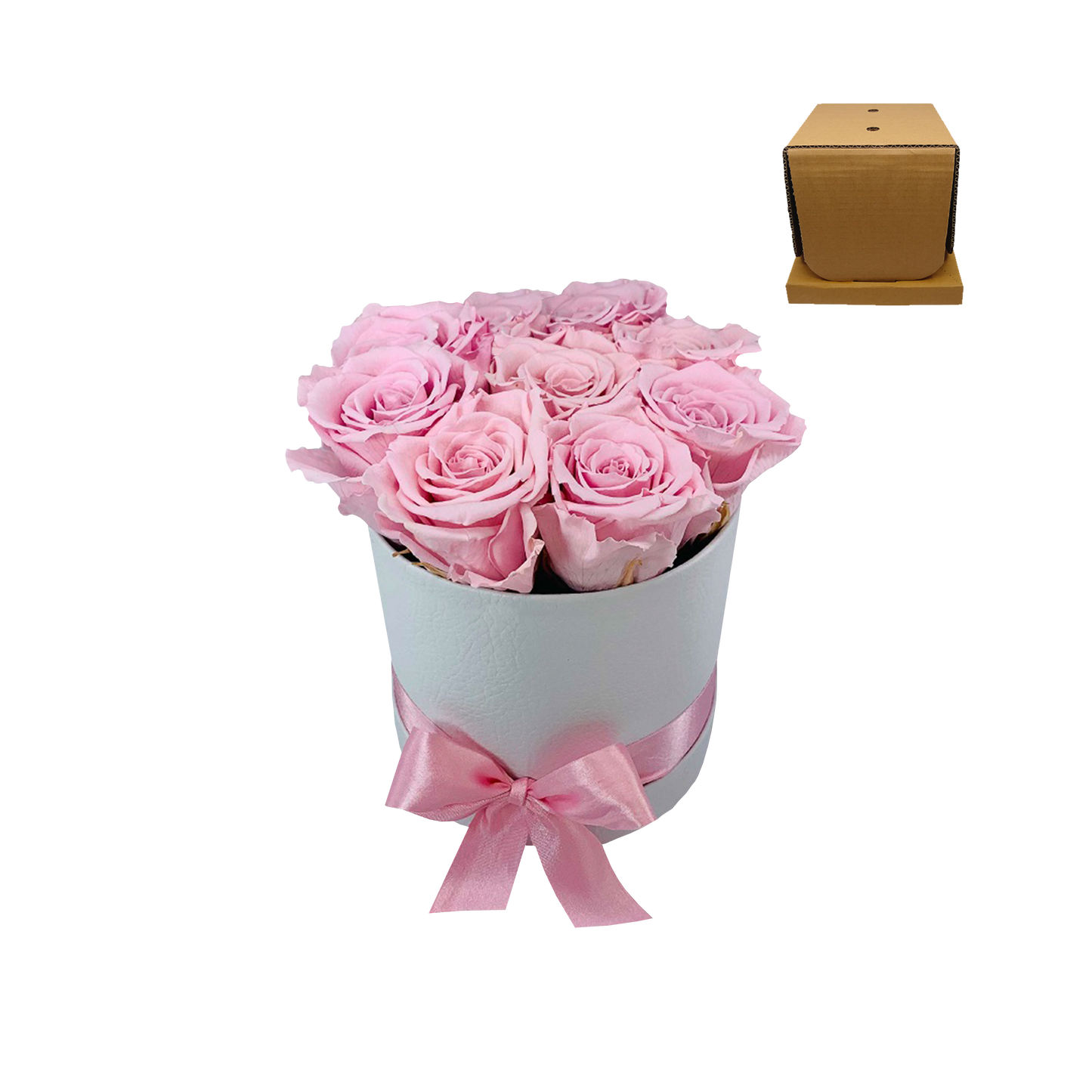 LUXURY 8 ROSEAMOR PRESERVED ROSES ARRANGEMENT - ROUND BOX-Stock