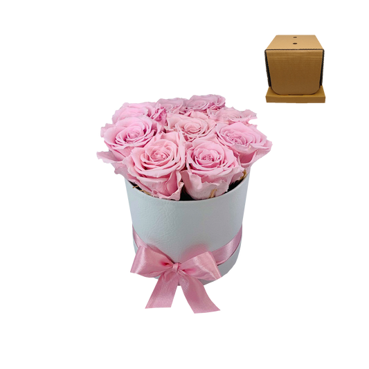 LUXURY 8 ROSEAMOR PRESERVED ROSES ARRANGEMENT - ROUND BOX-Stock